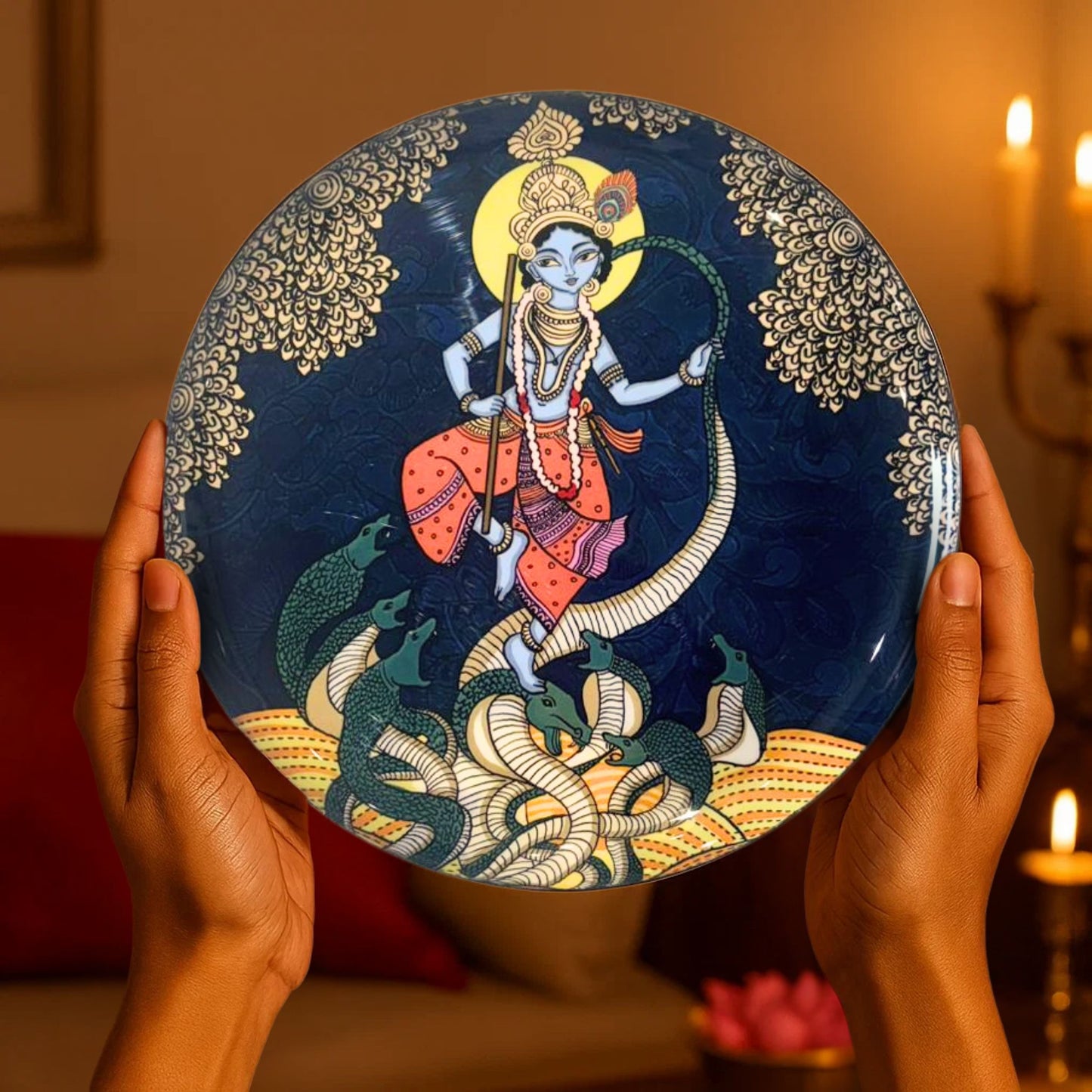Krishna Kathayein in Kalamkari - Set of 5 Wall Plates