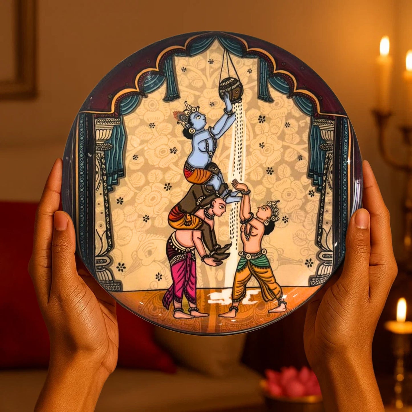 Krishna Kathayein in Kalamkari - Set of 5 Wall Plates
