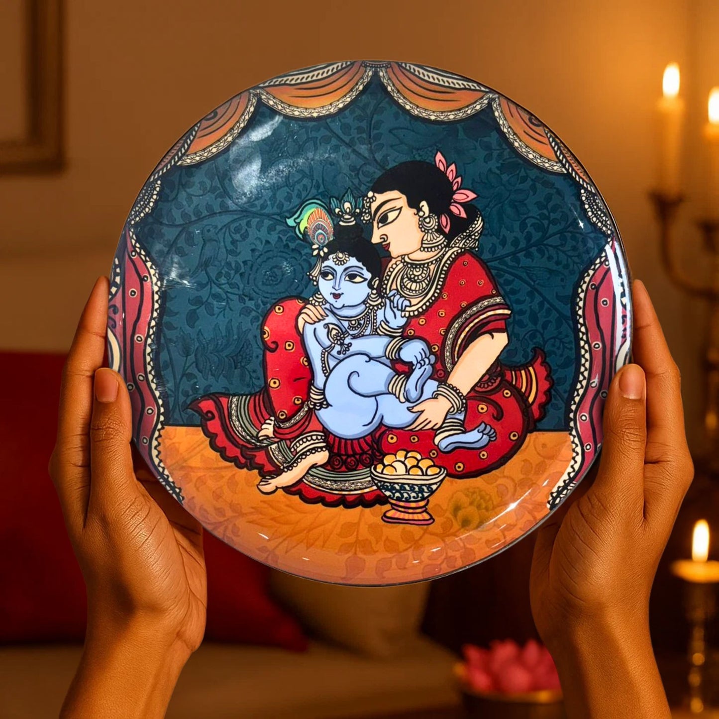 Krishna Kathayein in Kalamkari - Set of 5 Wall Plates
