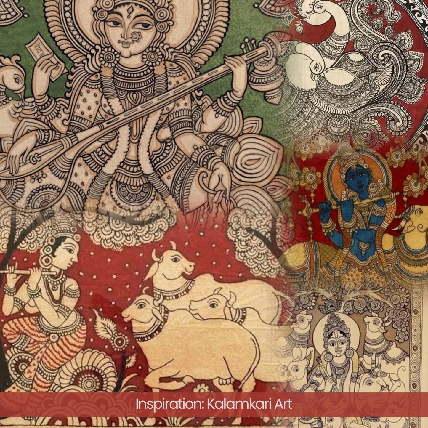 Krishna Kathayein in Kalamkari - Set of 5 Wall Plates