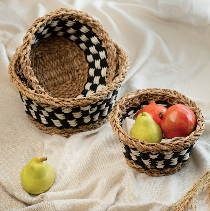 Seagrass Round Checkers Multipurpose Basket- Set of 3