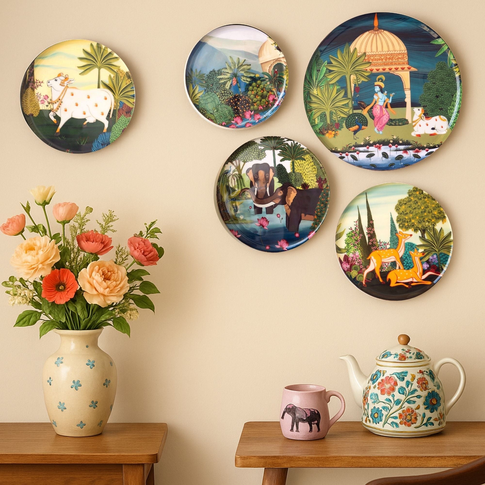 Dwarka Pichwai Wall Plates- Set of 5
