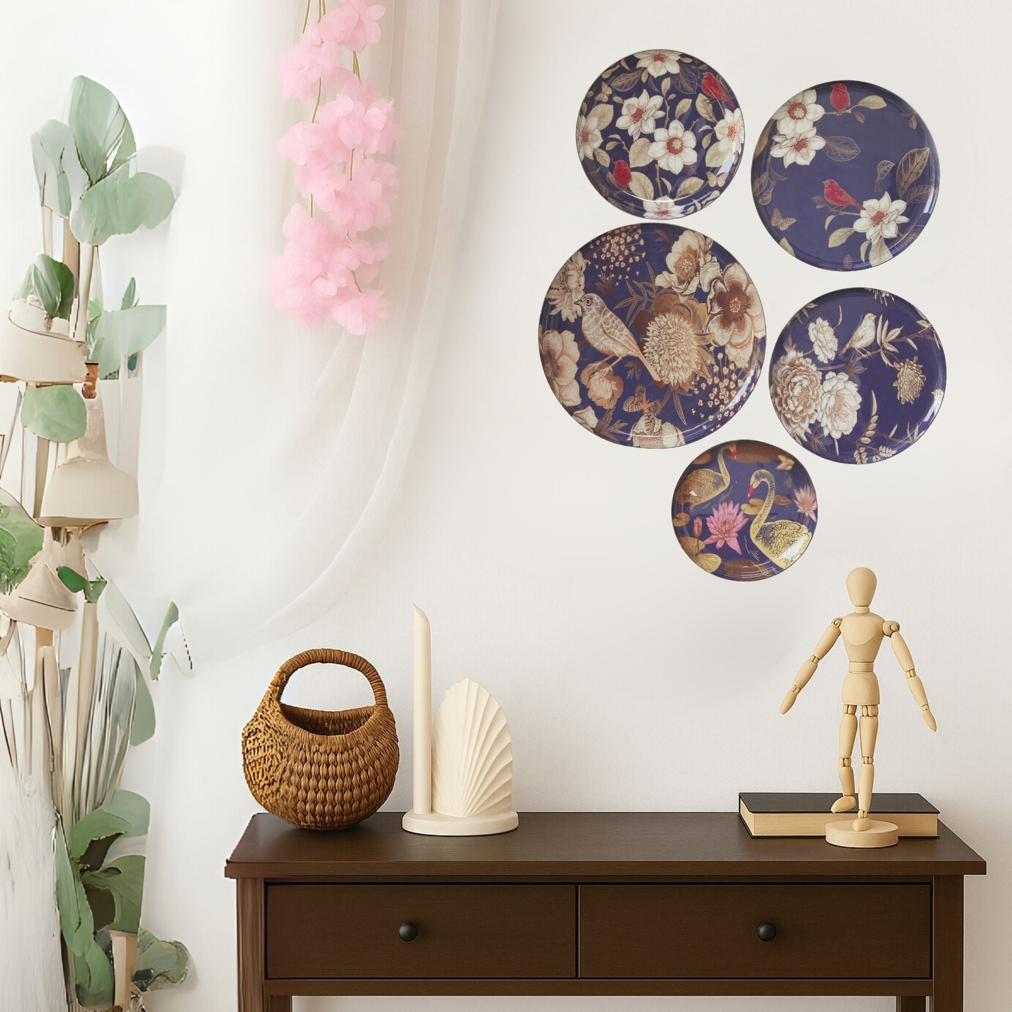 Oriental Blooms Wall Plates- Set of 5