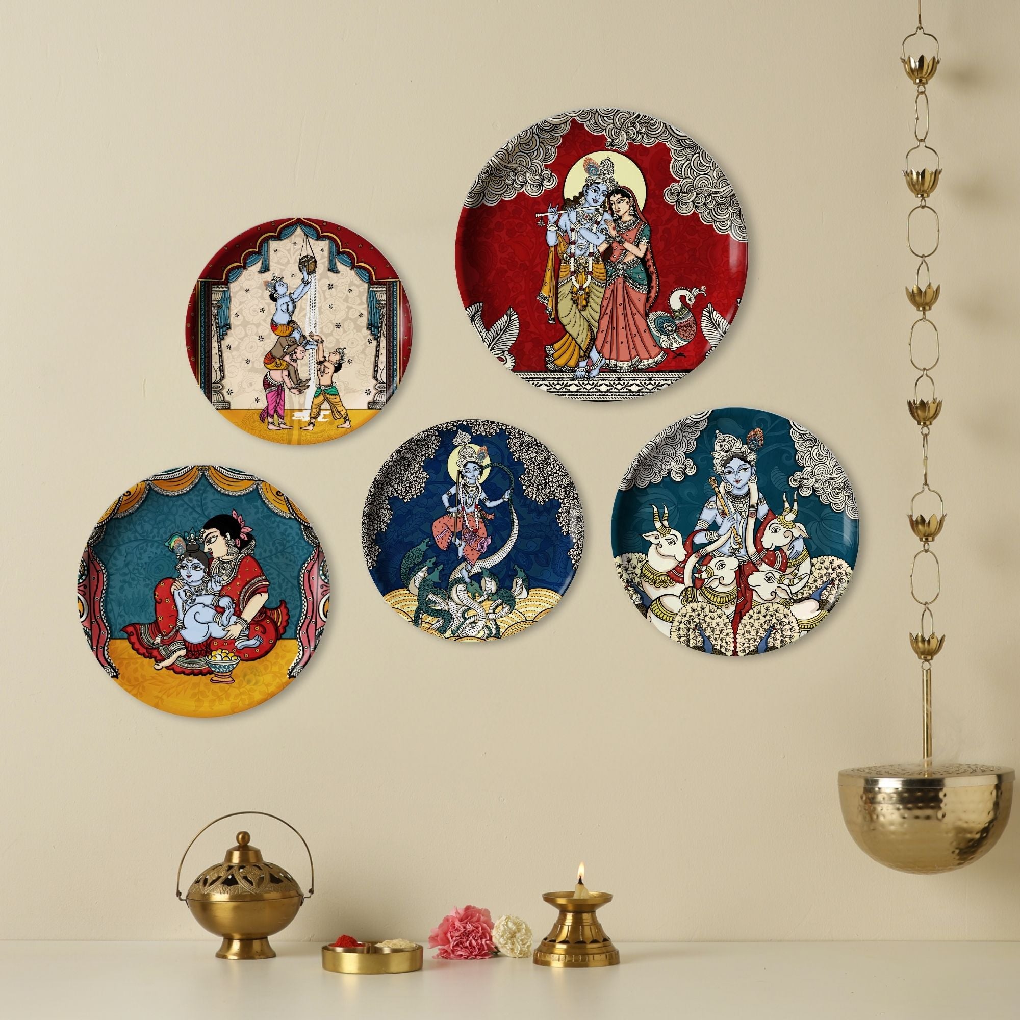 Krishna Kathayein in Kalamkari - Set of 5 Wall Plates