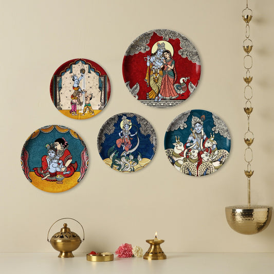 Krishna Kathayein in Kalamkari - Set of 5 Wall Plates