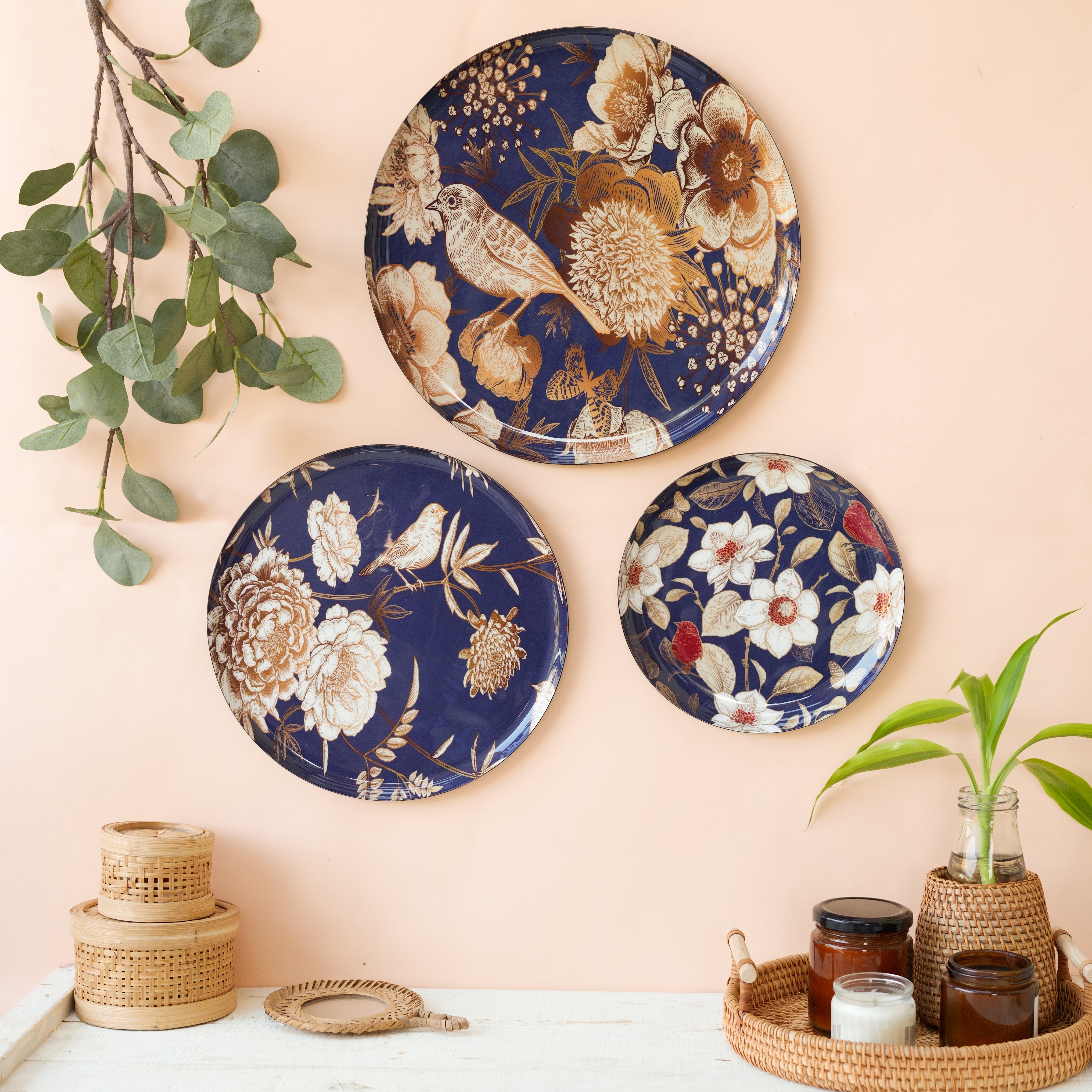 Oriental Blooms Wall Plates- Set of 3