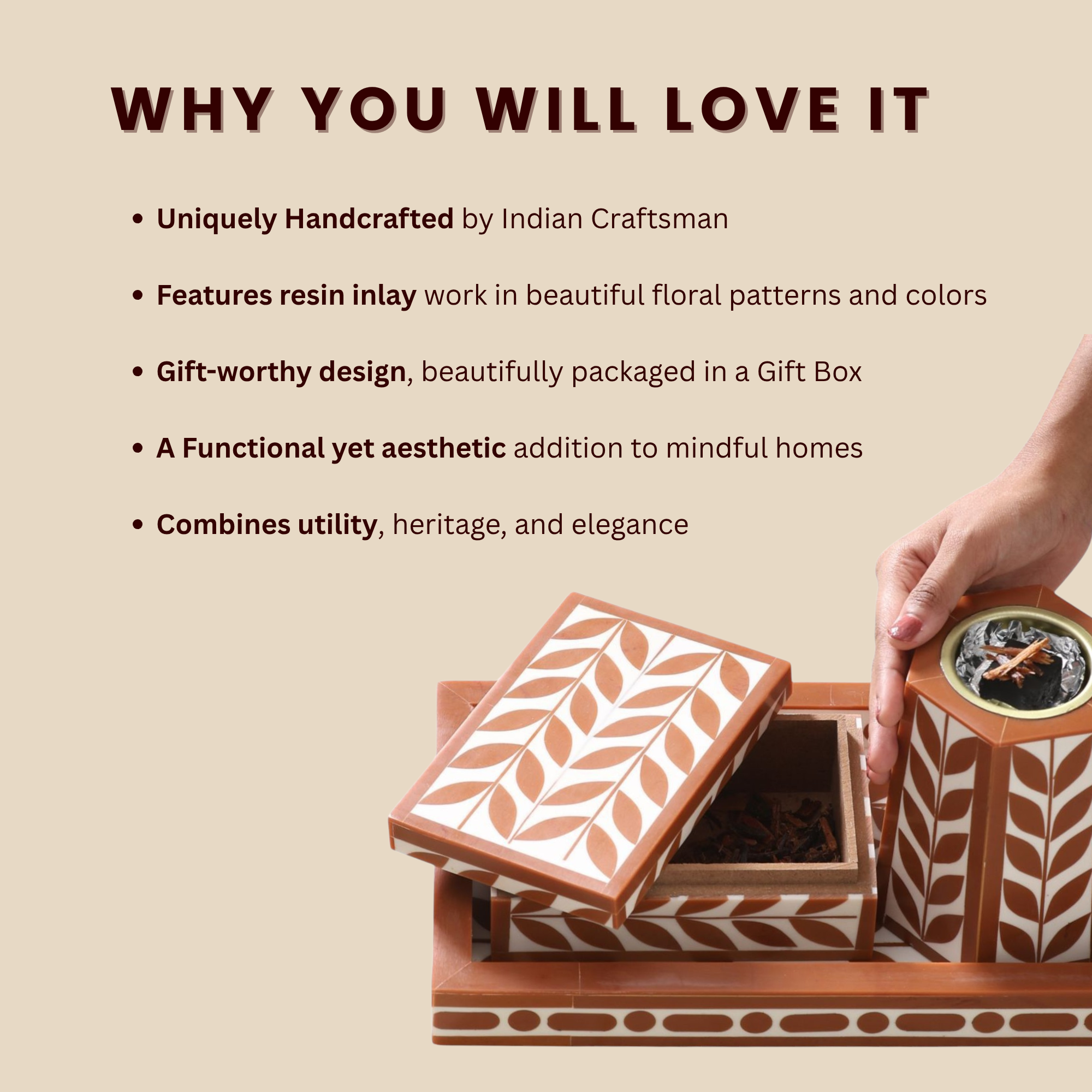 Artistic Bakhoor Set with Incense Holder, Storage and Multipurpose tray - Brown