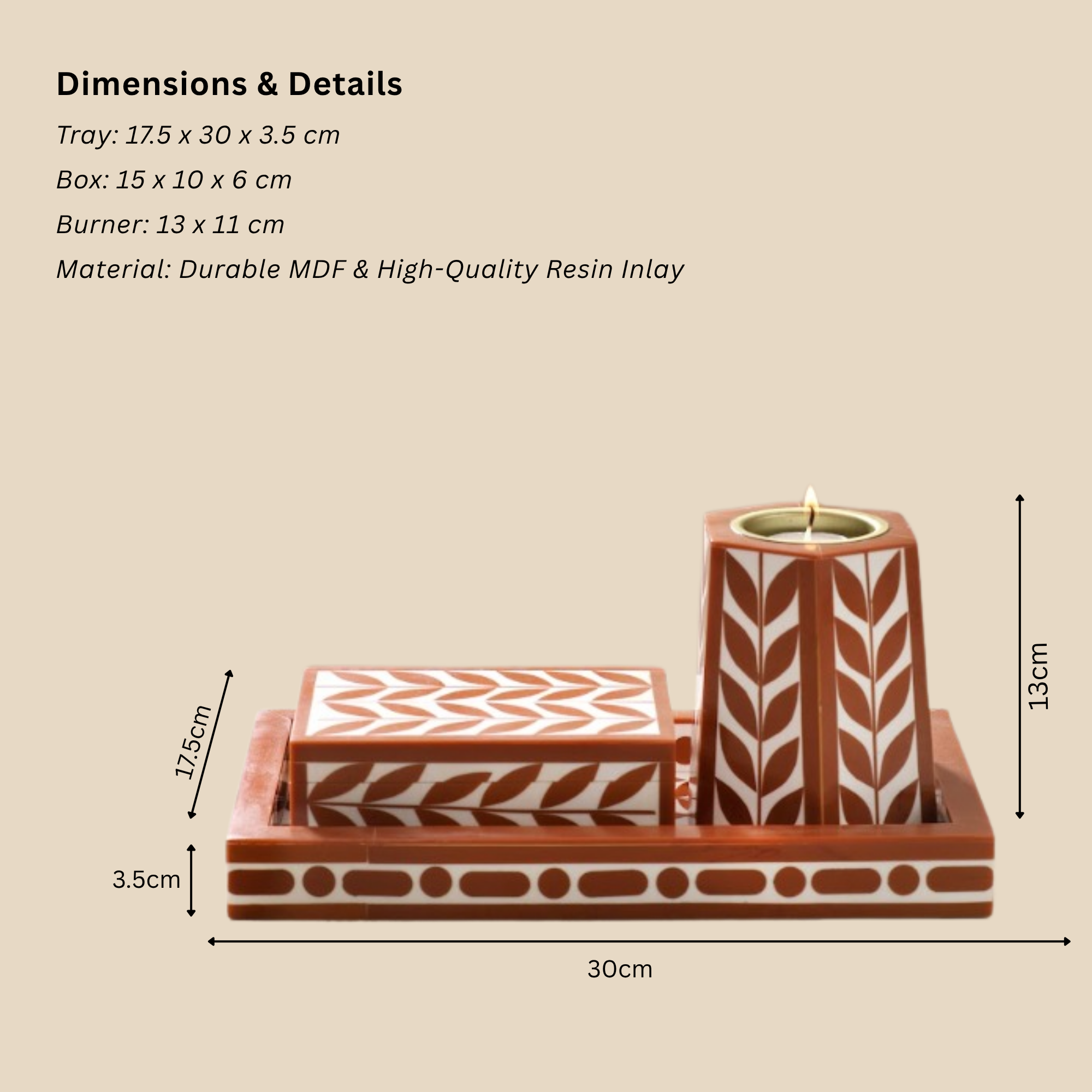 Artistic Bakhoor Set with Incense Holder, Storage and Multipurpose tray - Brown