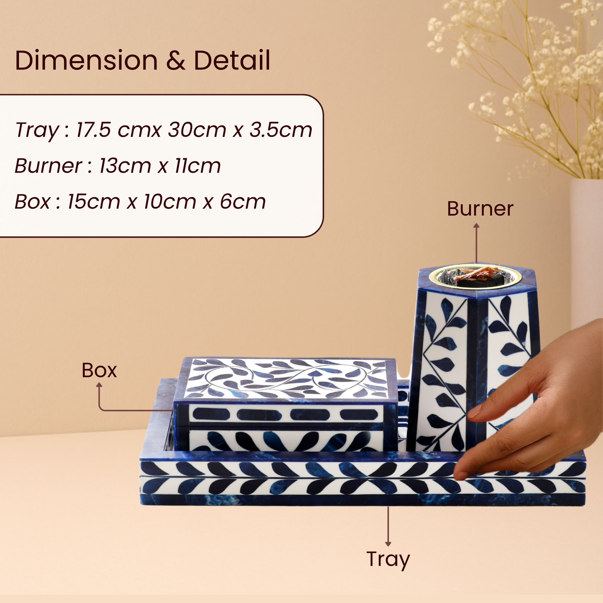 Artistic Bakhoor Set with Incense Holder, Storage and Multipurpose tray - Indigo