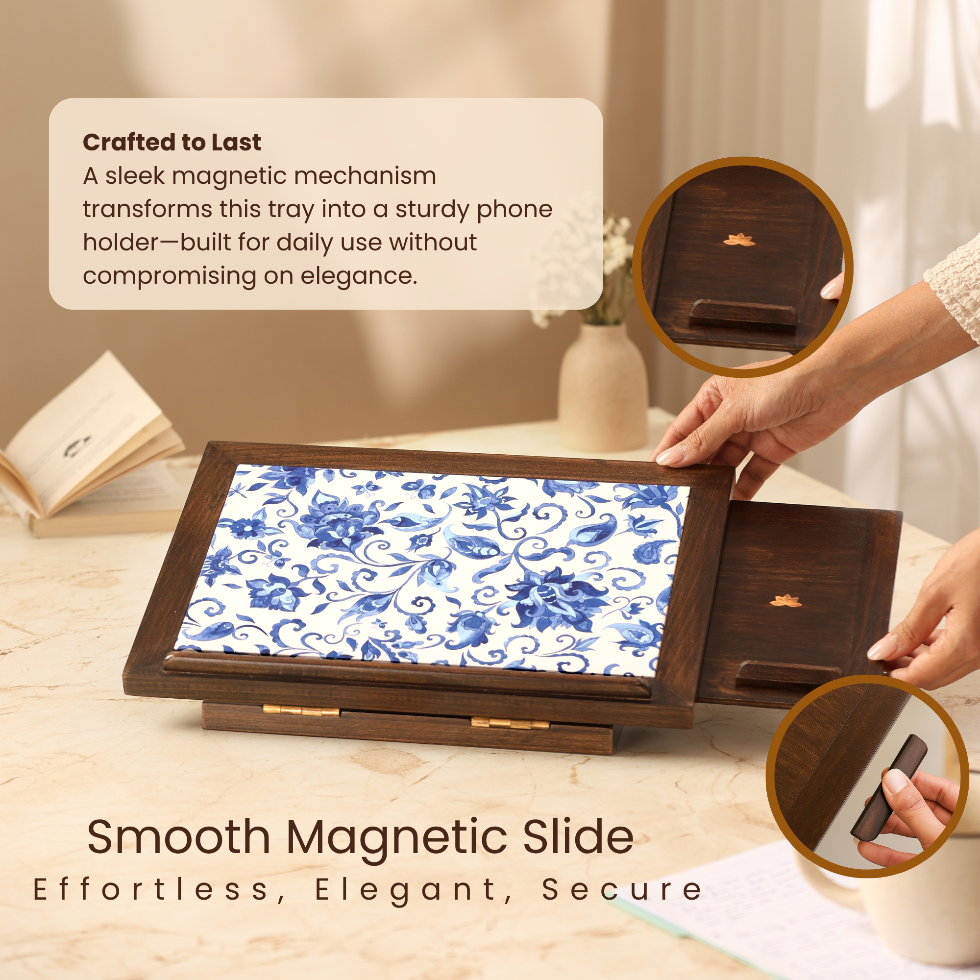 Floral Blossom  Wooden Laptop Stand with Mobile Phone Tray