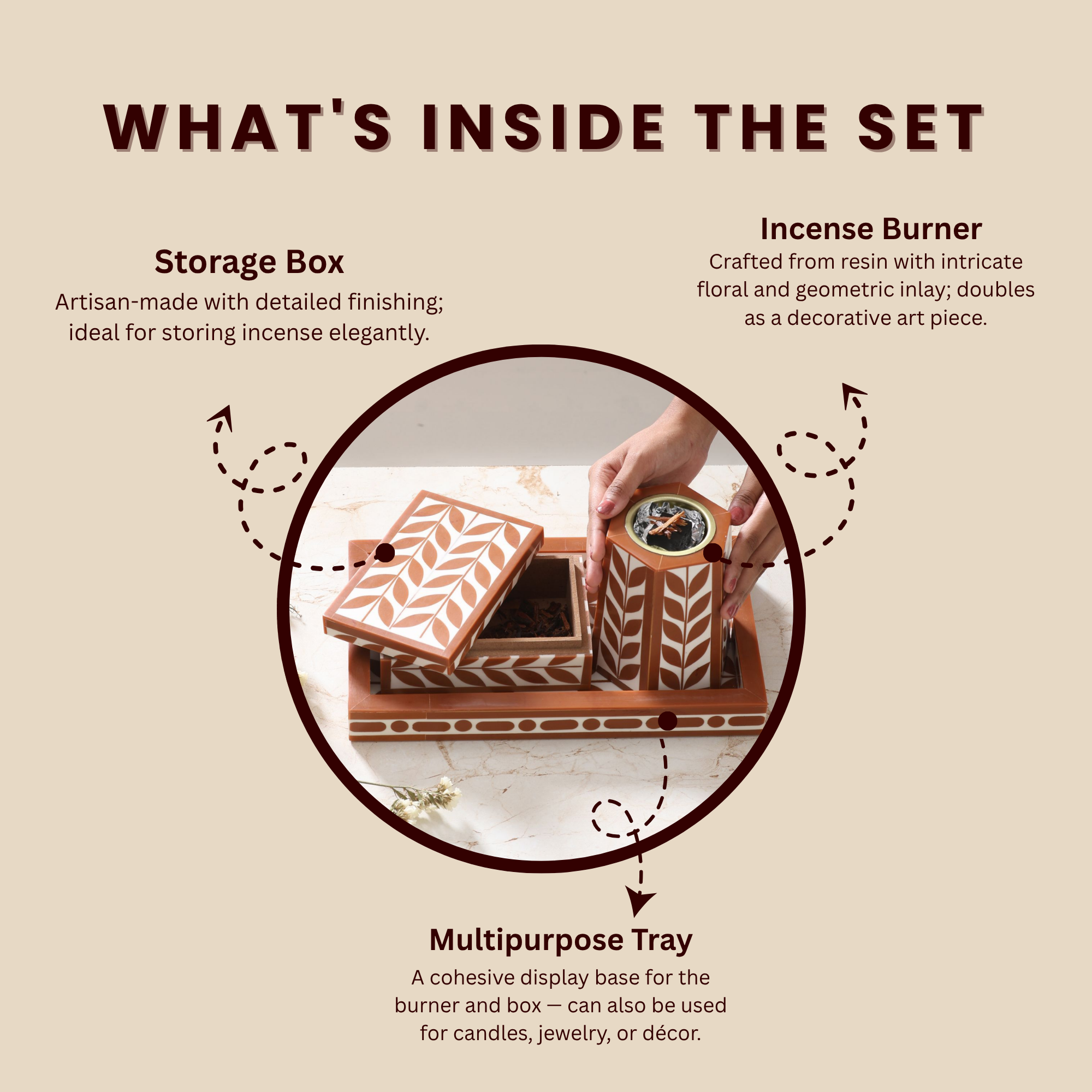 Artistic Bakhoor Set with Incense Holder, Storage and Multipurpose tray - Brown