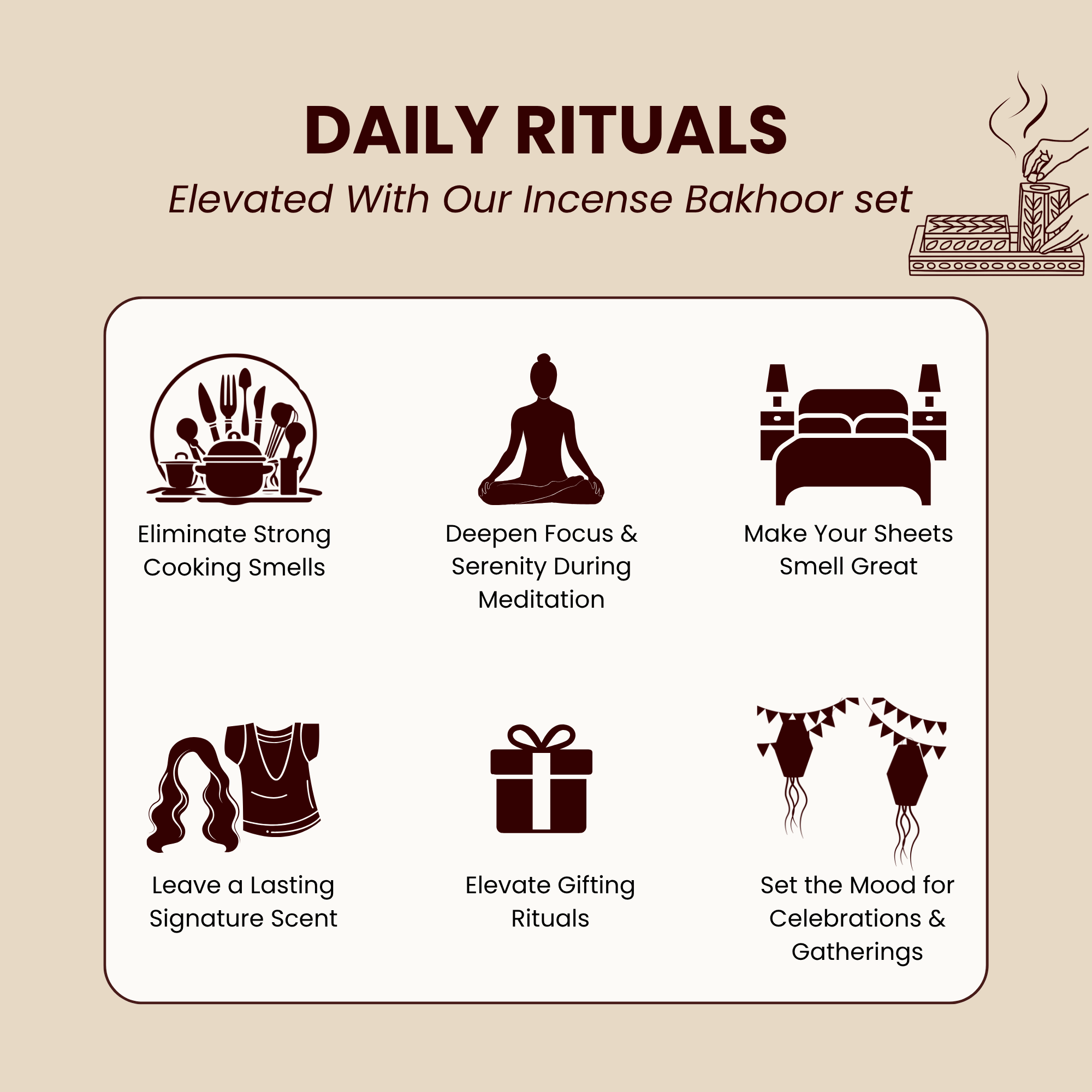 Artistic Bakhoor Set with Incense Holder, Storage and Multipurpose tray - Brown