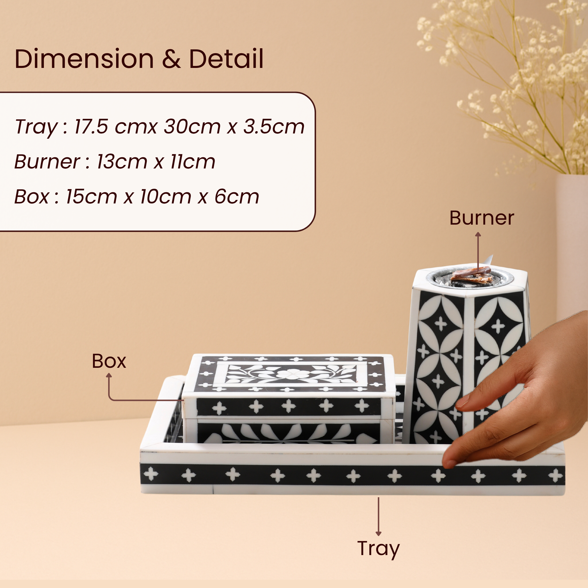 Artistic Bakhoor Set with Incense Holder, Storage and Multipurpose tray - Black