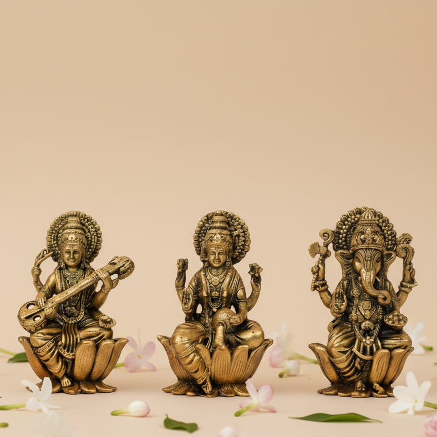 Ganesha, Lakshmi & Saraswati-Trimurti Brass Idol Set of 3