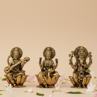 Ganesha, Lakshmi & Saraswati-Trimurti Brass Idol Set of 3