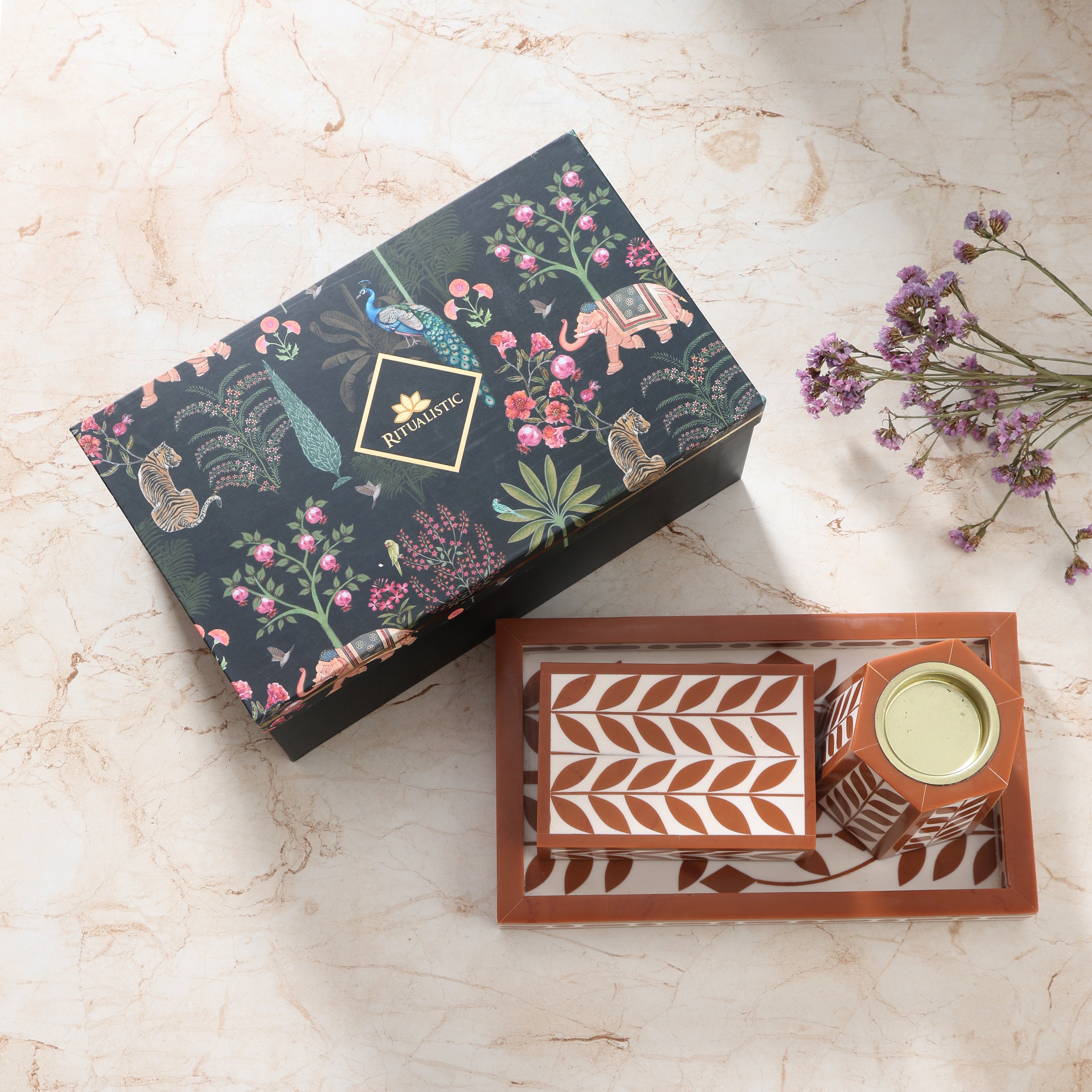 Artistic Bakhoor Set with Incense Holder, Storage and Multipurpose tray - Brown