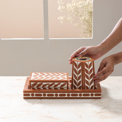 Artistic Bakhoor Set with Incense Holder, Storage and Multipurpose tray - Brown
