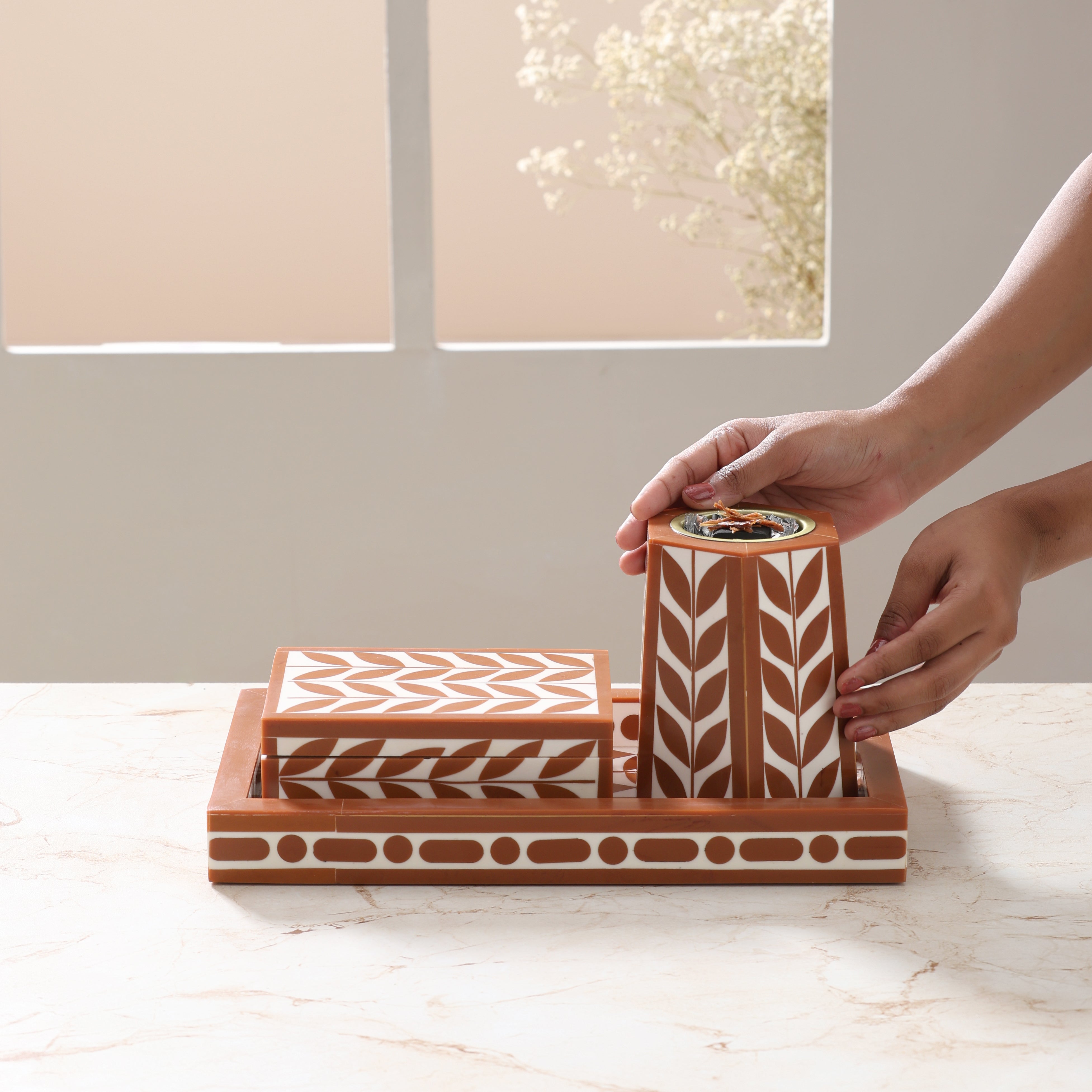 Artistic Bakhoor Set with Incense Holder, Storage and Multipurpose tray - Brown