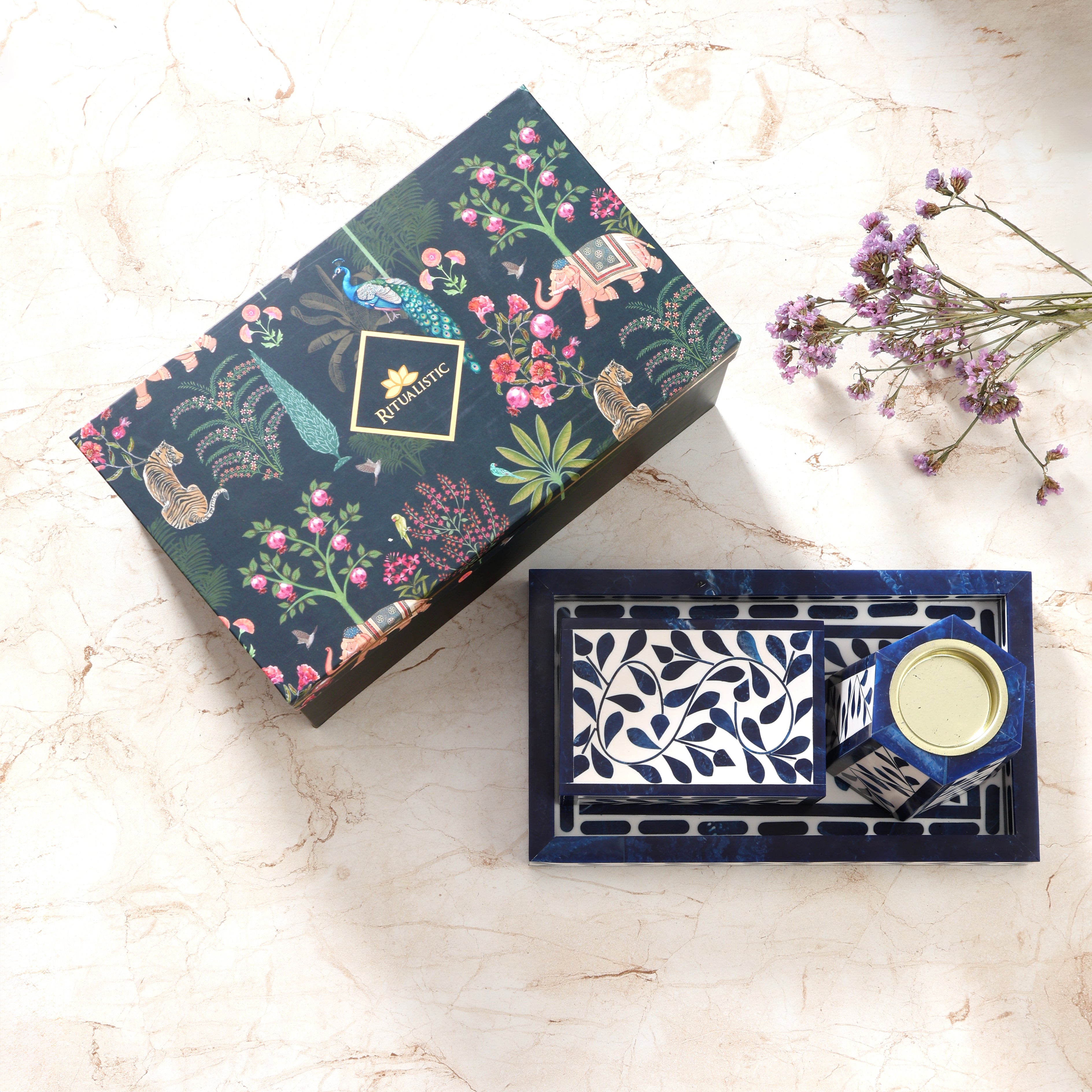 Artistic Bakhoor Set with Incense Holder, Storage and Multipurpose tray - Indigo