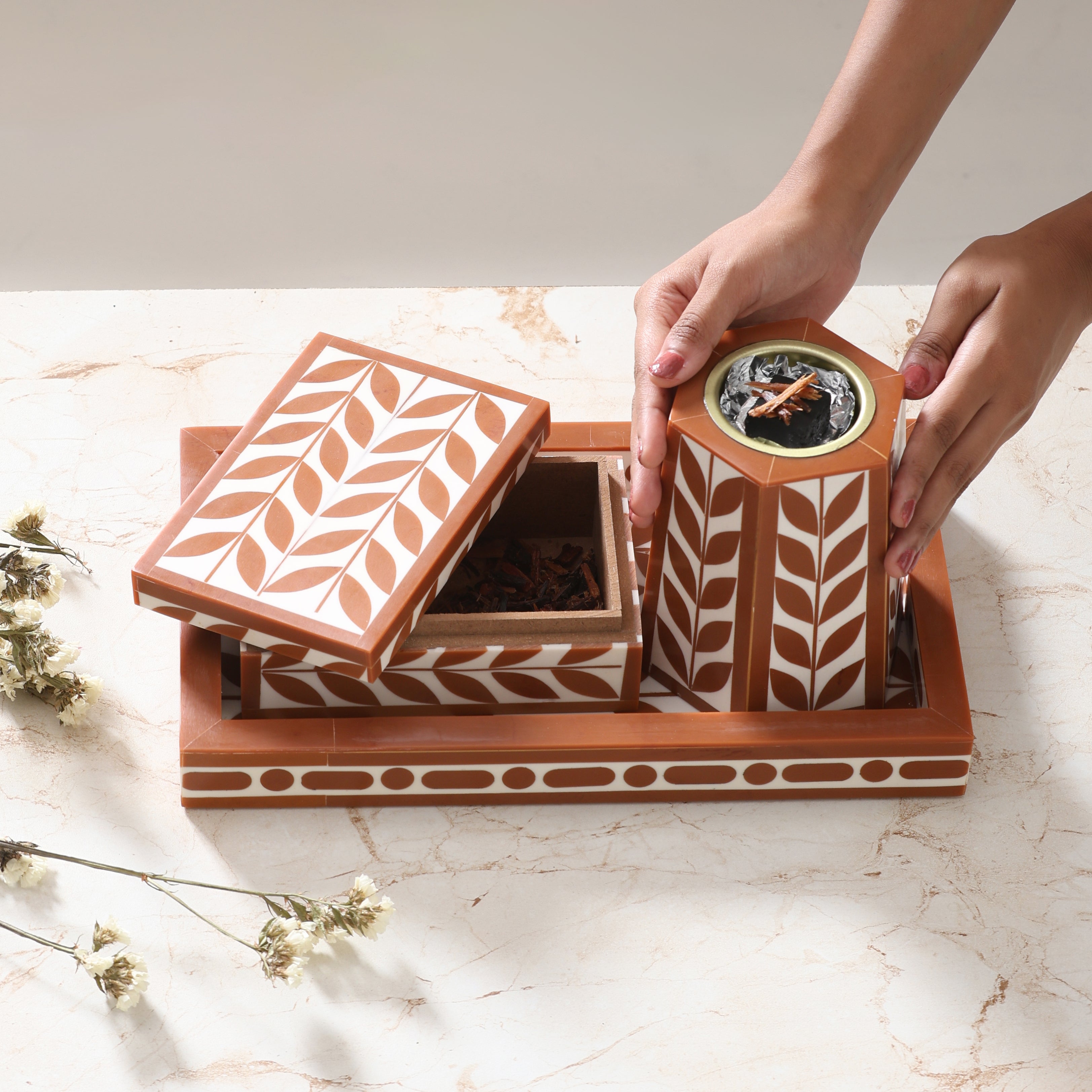 Artistic Bakhoor Set with Incense Holder, Storage and Multipurpose tray - Brown