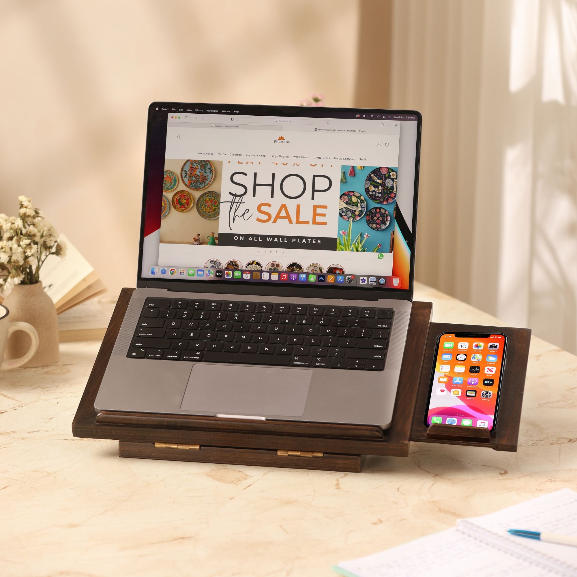 Floral Blossom  Wooden Laptop Stand with Mobile Phone Tray