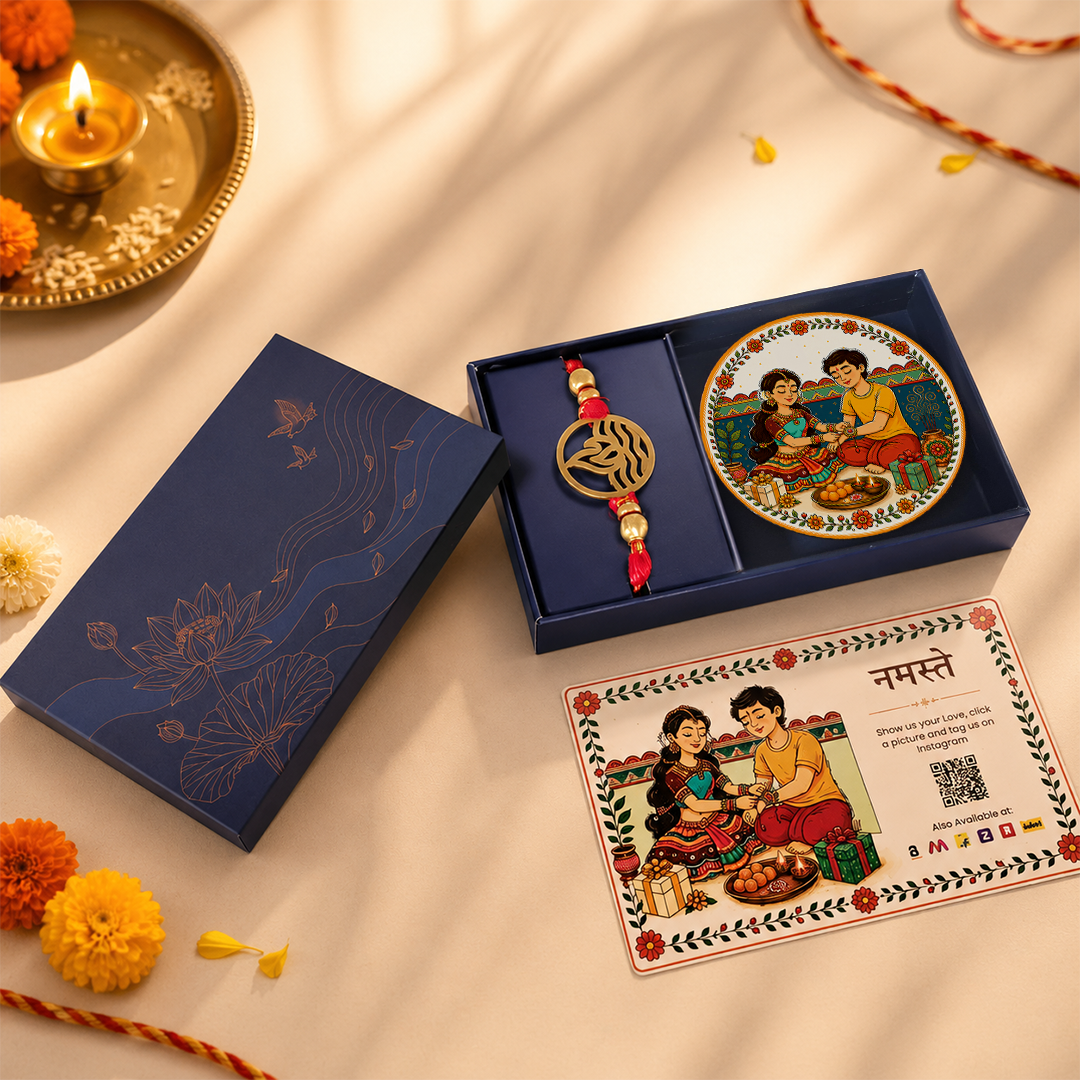 Brass Agni Rakhi with Sibling Fridge Magnet & Gift Box