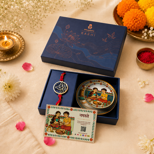 Brass Agni Rakhi with Set of 2 Sibling Fridge Magnets & Gift Box
