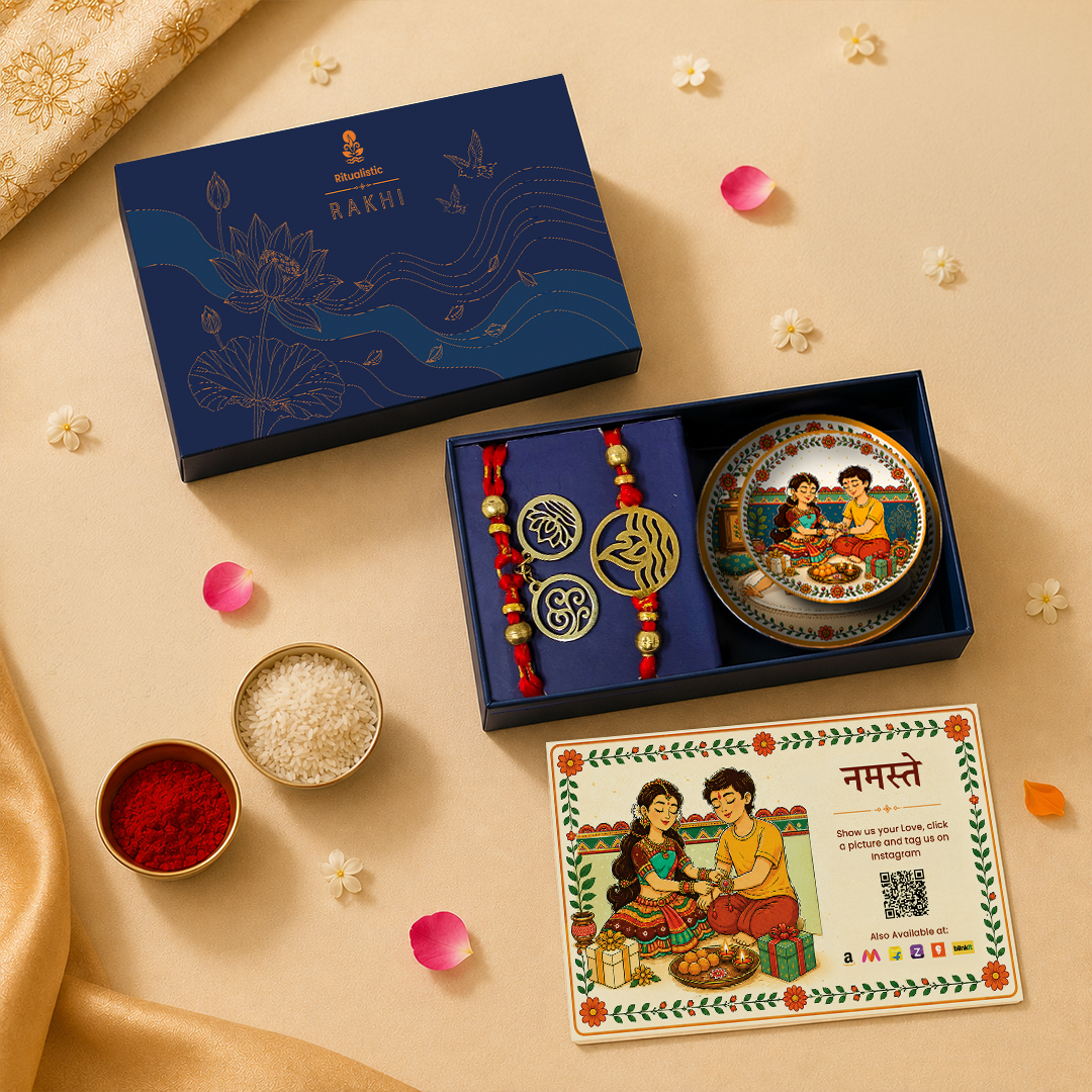 Brass Agni Rakhi & Charms Lumba Bracelet with Set of 2 Sibling Fridge Magnets & Gift Box