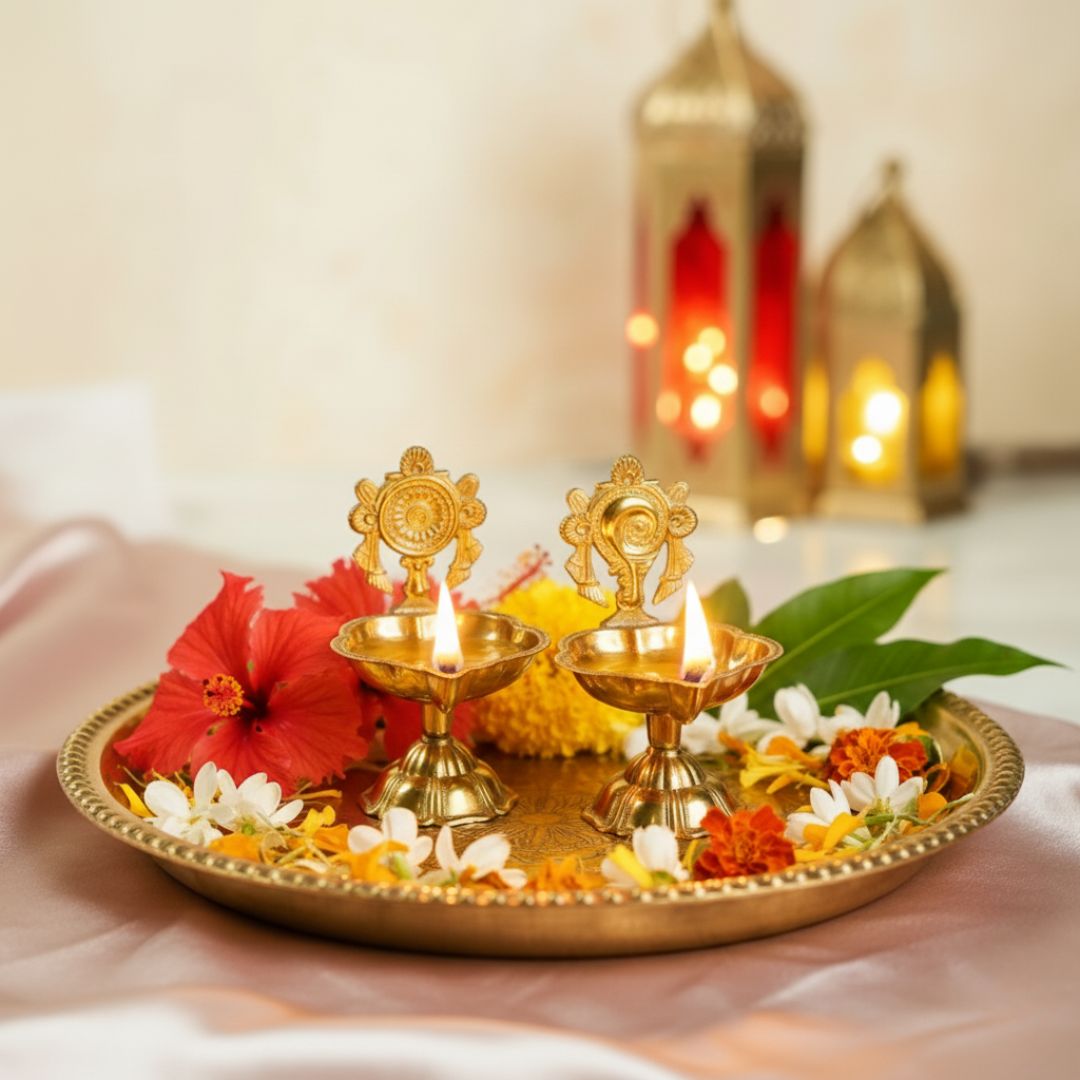 Brass Shankh & Chakra Jyoti Diya-Set of 2