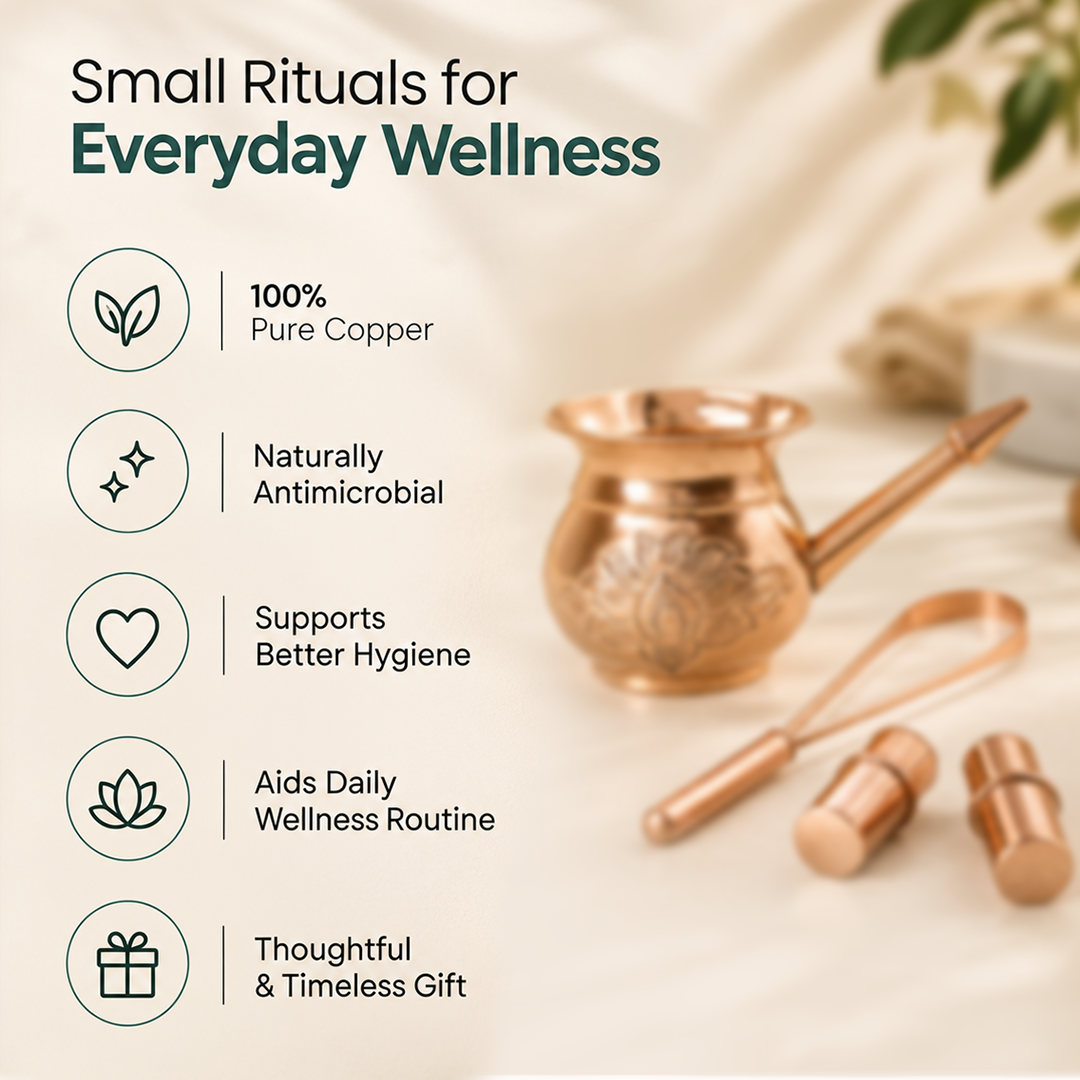 Daily Copper Wellness Gift Box – 4 in 1 (1 Jal Neti Pot + 2 Tongue Cleaners + 1 Pair of Eye Wash Cups + 1 Copper Charging Capsule)