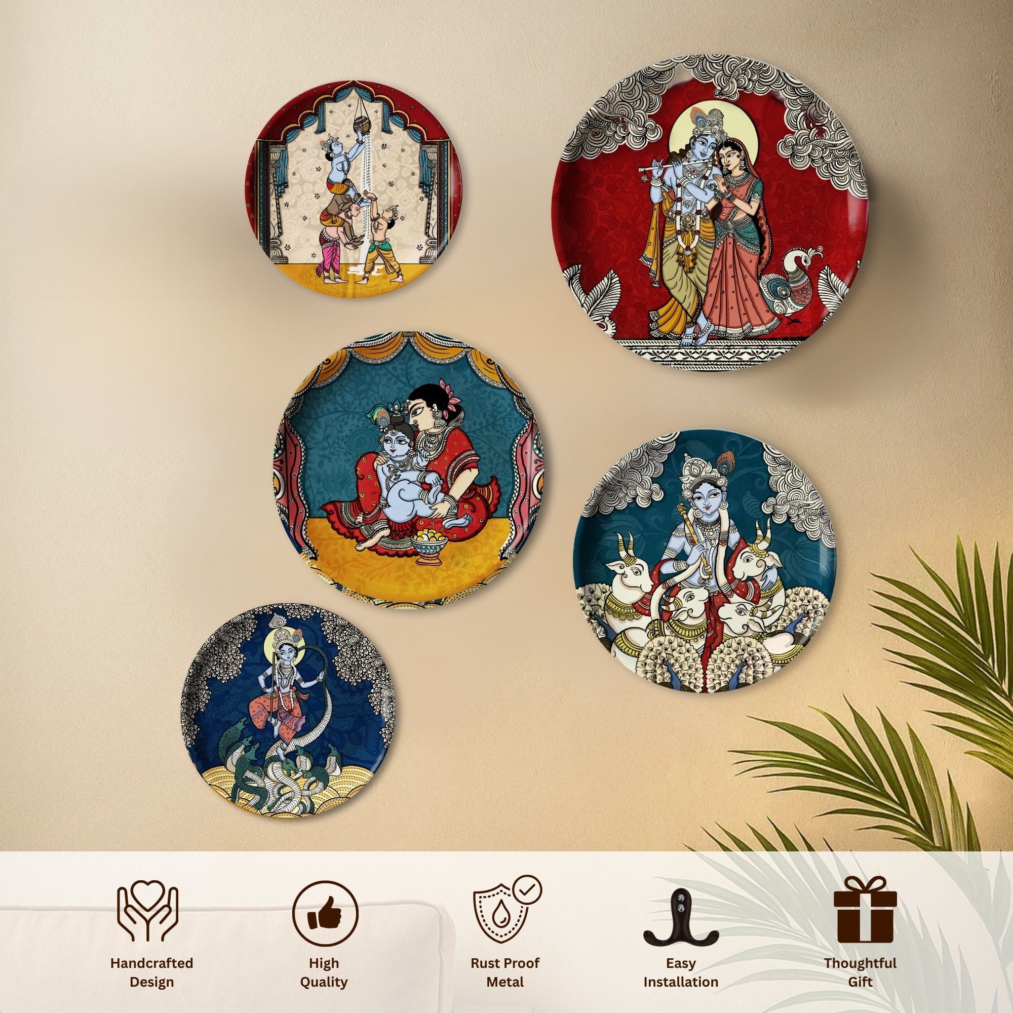 Krishna Kathayein in Kalamkari - Set of 5 Wall Plates