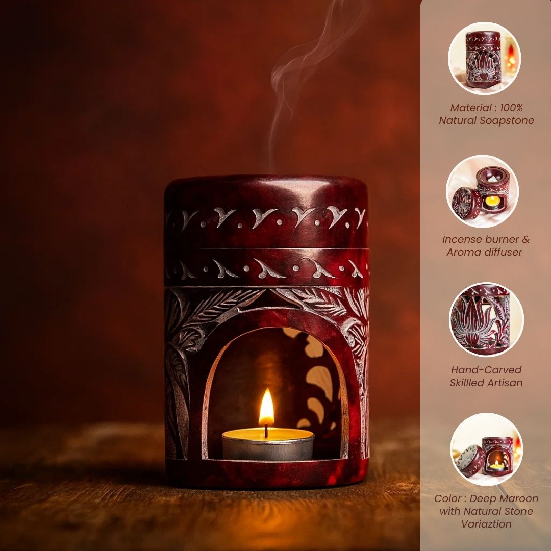 Neerja Maroon Hand Carved Lotus Soapstone Burner Diffuser