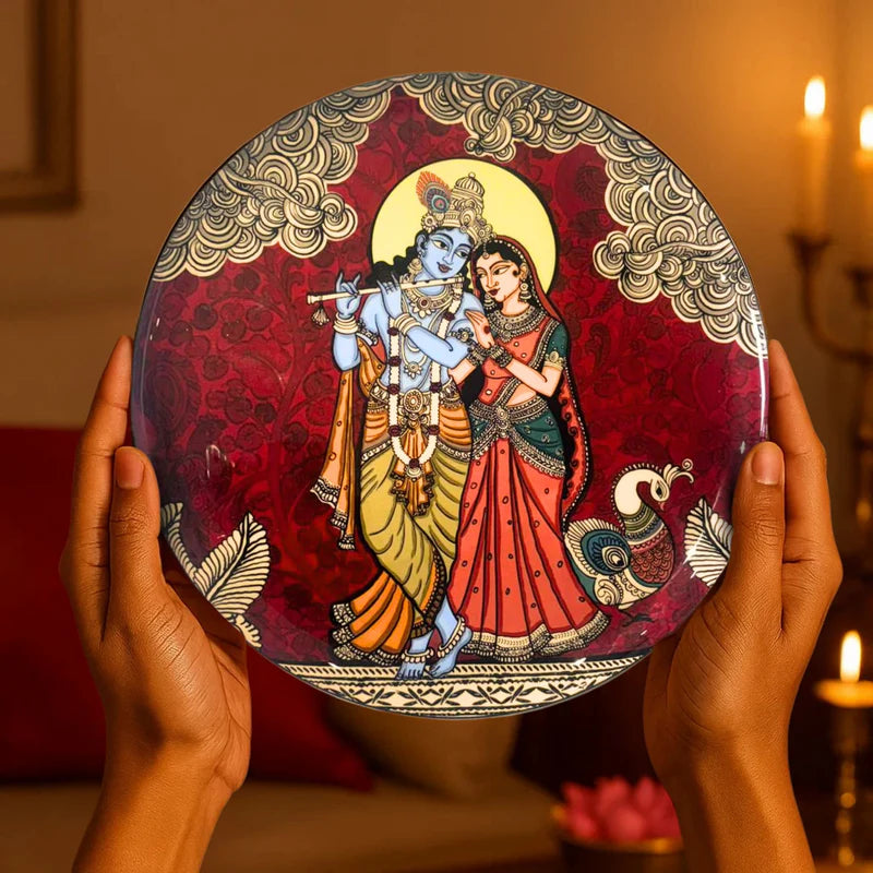 Radha Krishna Kalamkari Wall plate with Wooden Stand - 10 inches