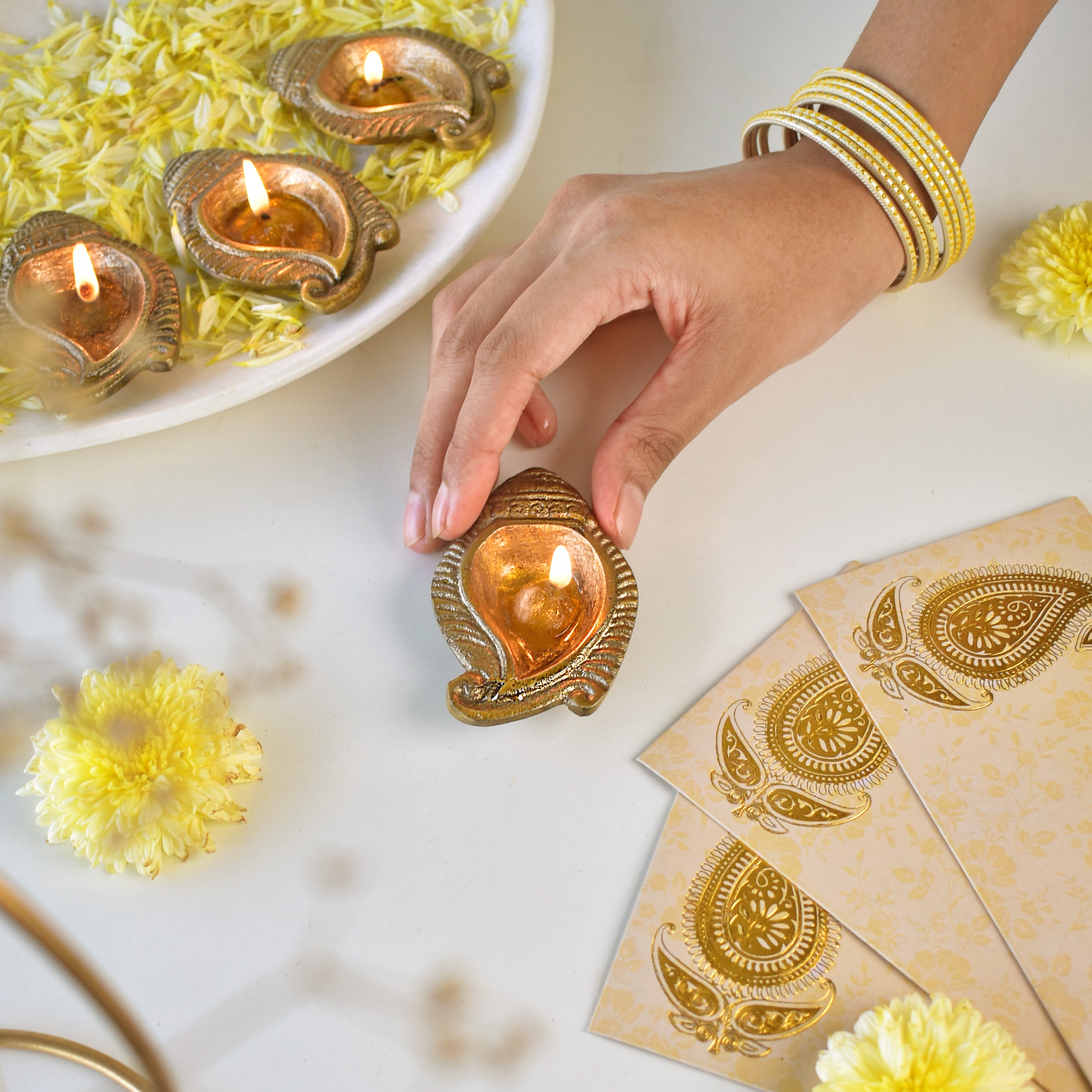 Festive Brass Shankh Diyas- Set of 4- Gift Box