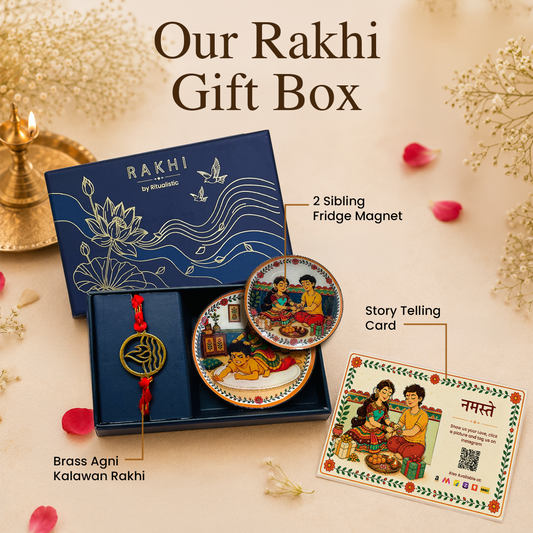Brass Agni Rakhi with Set of 2 Sibling Fridge Magnets & Gift Box