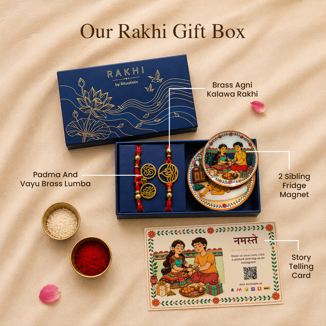 Brass Agni Rakhi & Charms Lumba Bracelet with Set of 2 Sibling Fridge Magnets & Gift Box
