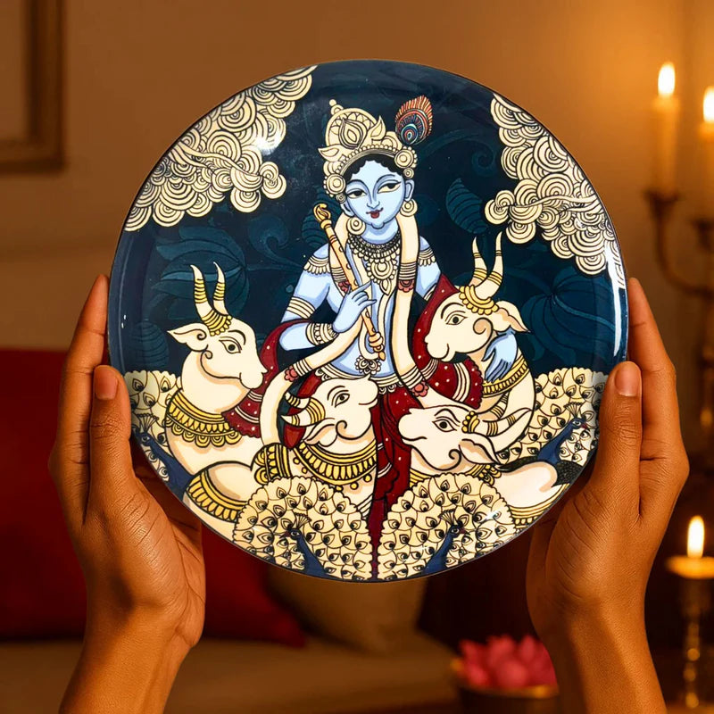 Dwarka Krishna with his Cows Kalamkari Wall plate with Wooden Stand - 8 inches