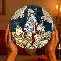 Dwarka Krishna with his Cows Kalamkari Wall plate with Wooden Stand - 8 inches