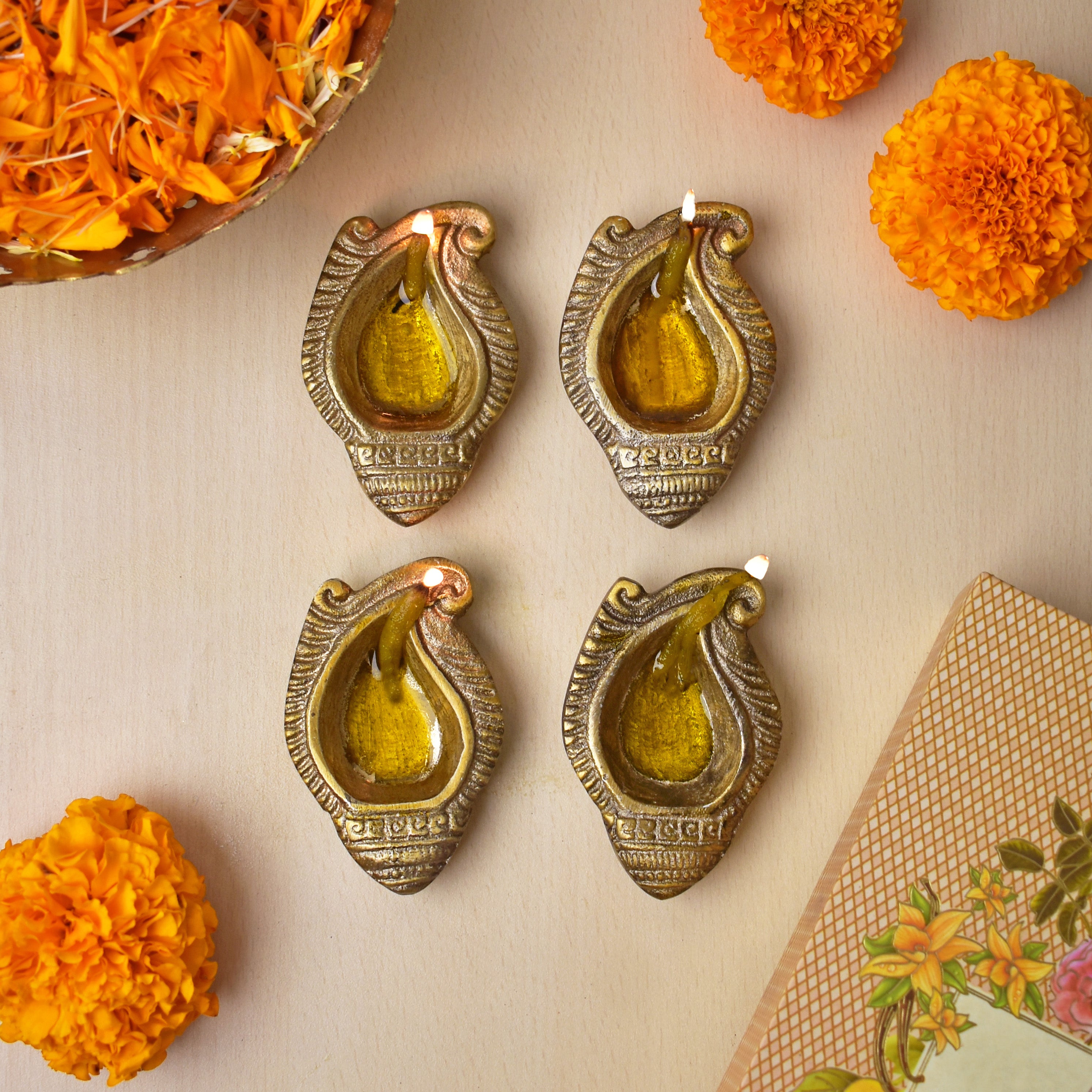 Festive Brass Shankh Diyas- Set of 4- Gift Box