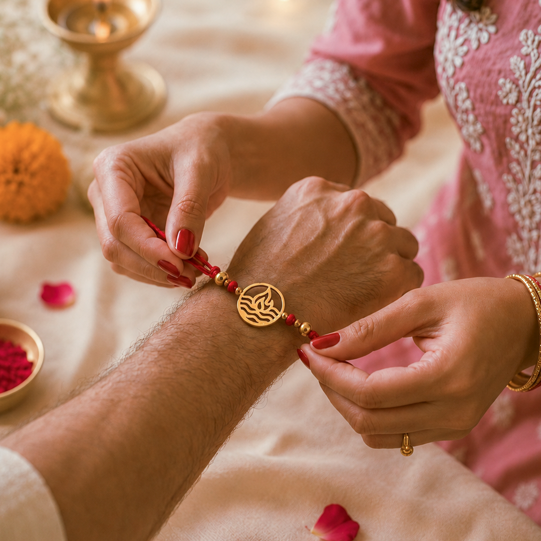 Brass Agni Rakhi & Charms Lumba Bracelet with Set of 2 Sibling Fridge Magnets & Gift Box