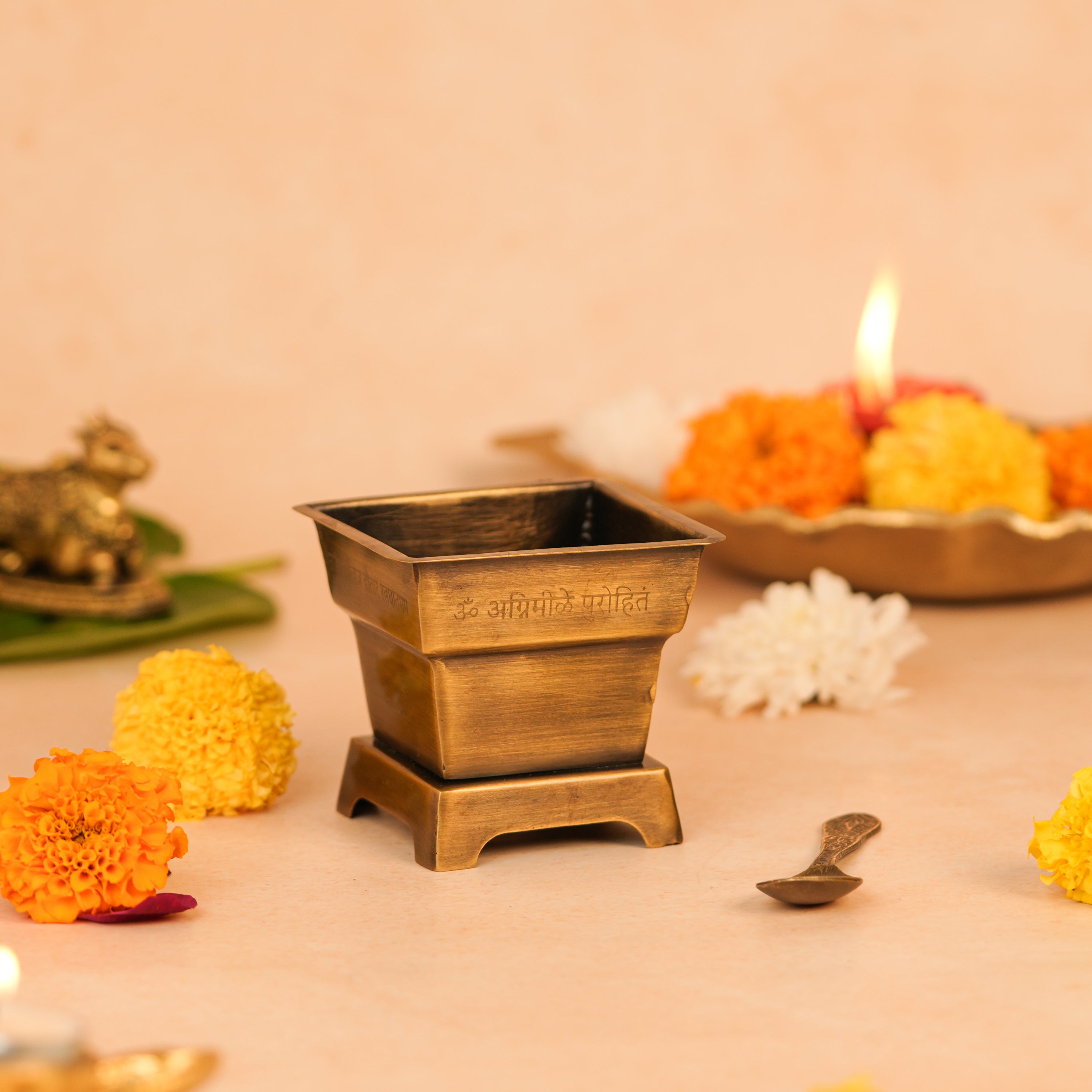 Brass Hawan Kund with Spoon for Vedic Rituals at Home