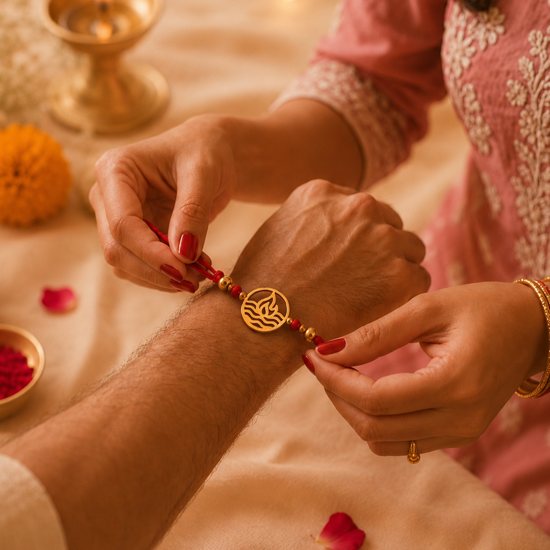 Brass Agni Rakhi with Set of 2 Sibling Fridge Magnets & Gift Box