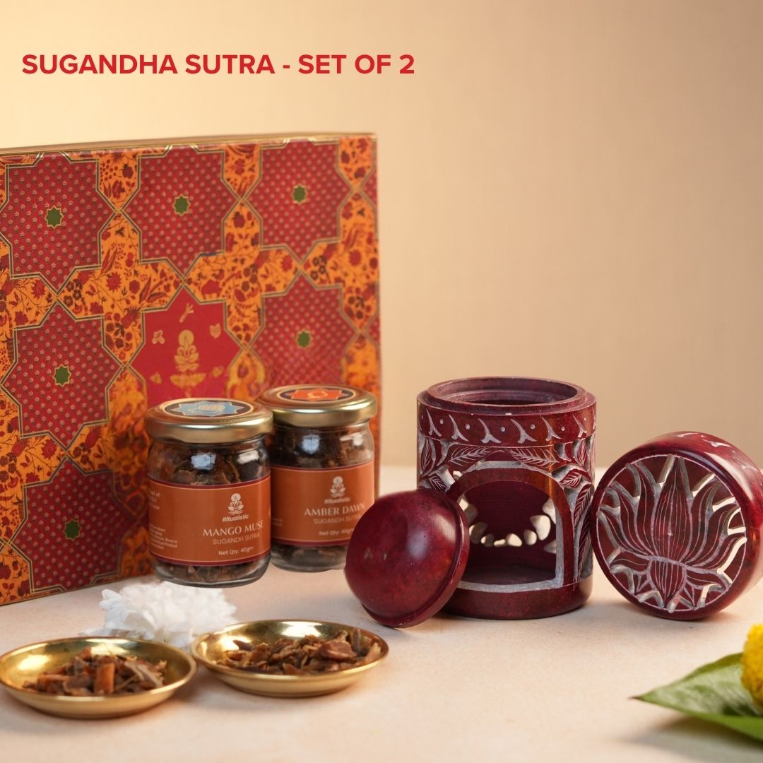Sugandh Sutra Premium Home Fragrance Kit with Handcarved  Natural Soapstone Burner – Set of 2 Bakhoor Blends (45 gm)
