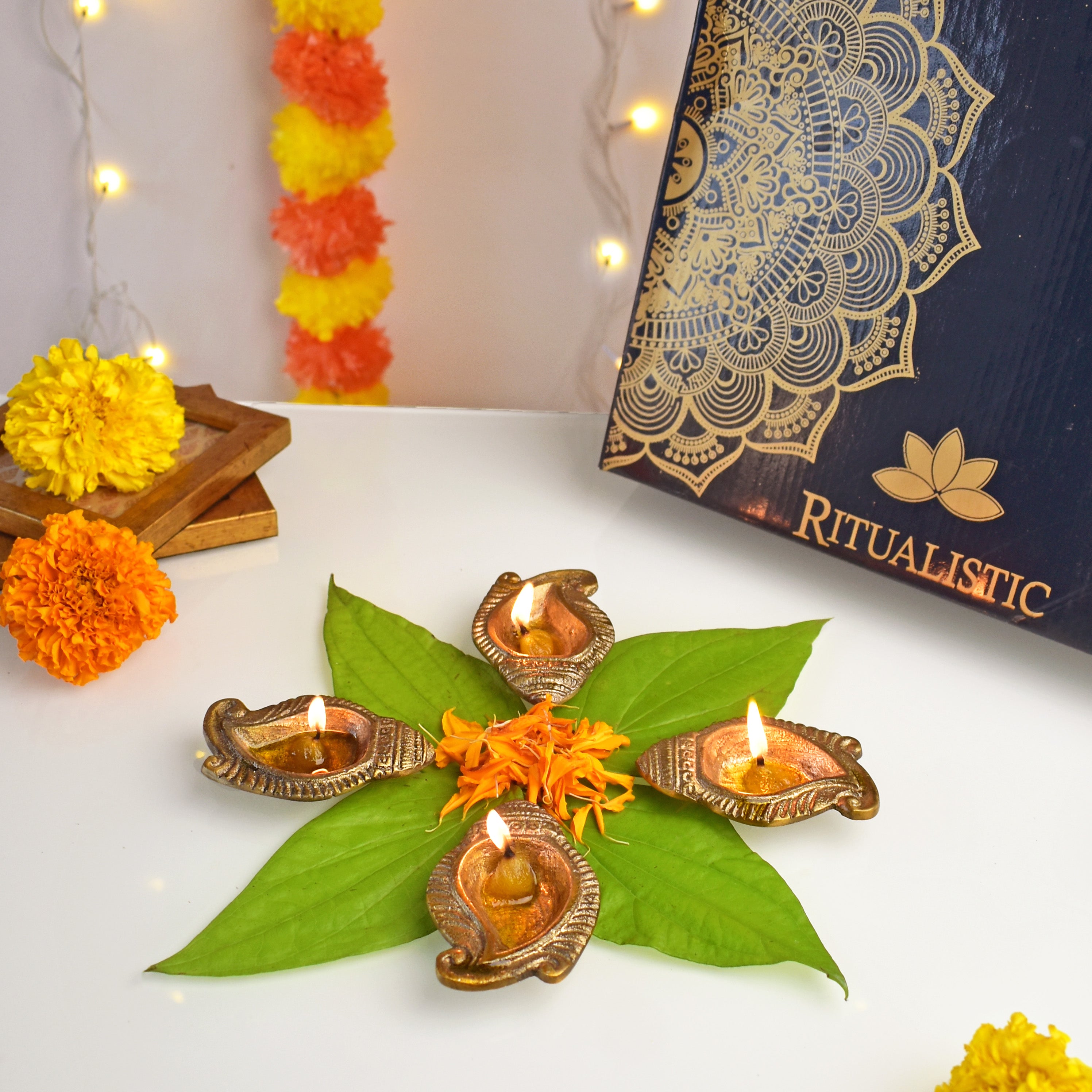 Festive Brass Shankh Diyas- Set of 4- Gift Box