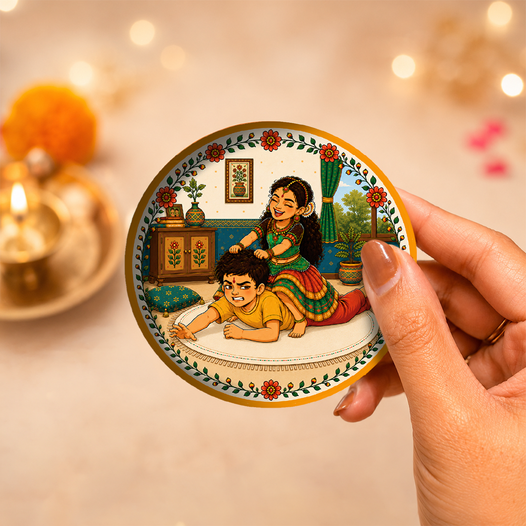 Brass Agni Rakhi with Set of 2 Sibling Fridge Magnets & Gift Box