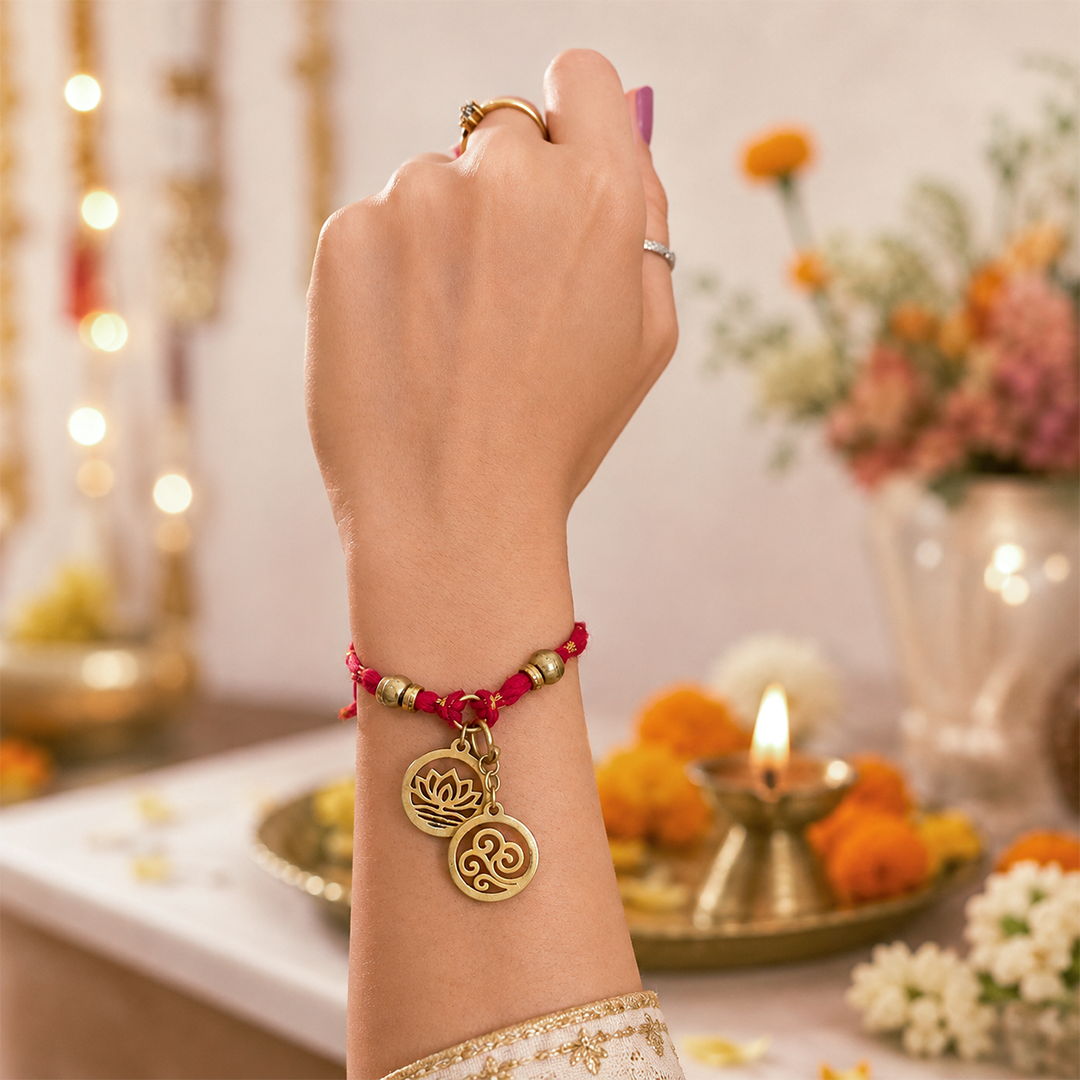 Brass Agni Rakhi & Charms Lumba Bracelet with Set of 2 Sibling Fridge Magnets & Gift Box