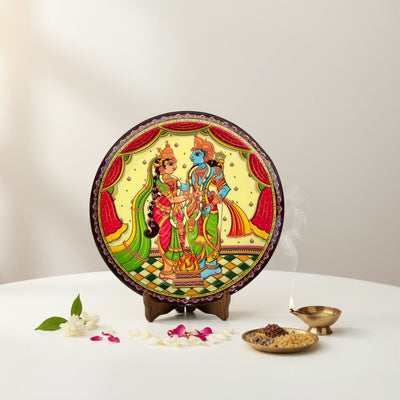 Sita-Ram Wedding Diwali Pattachitra Wall plate with Wooden Stand - 12 inches