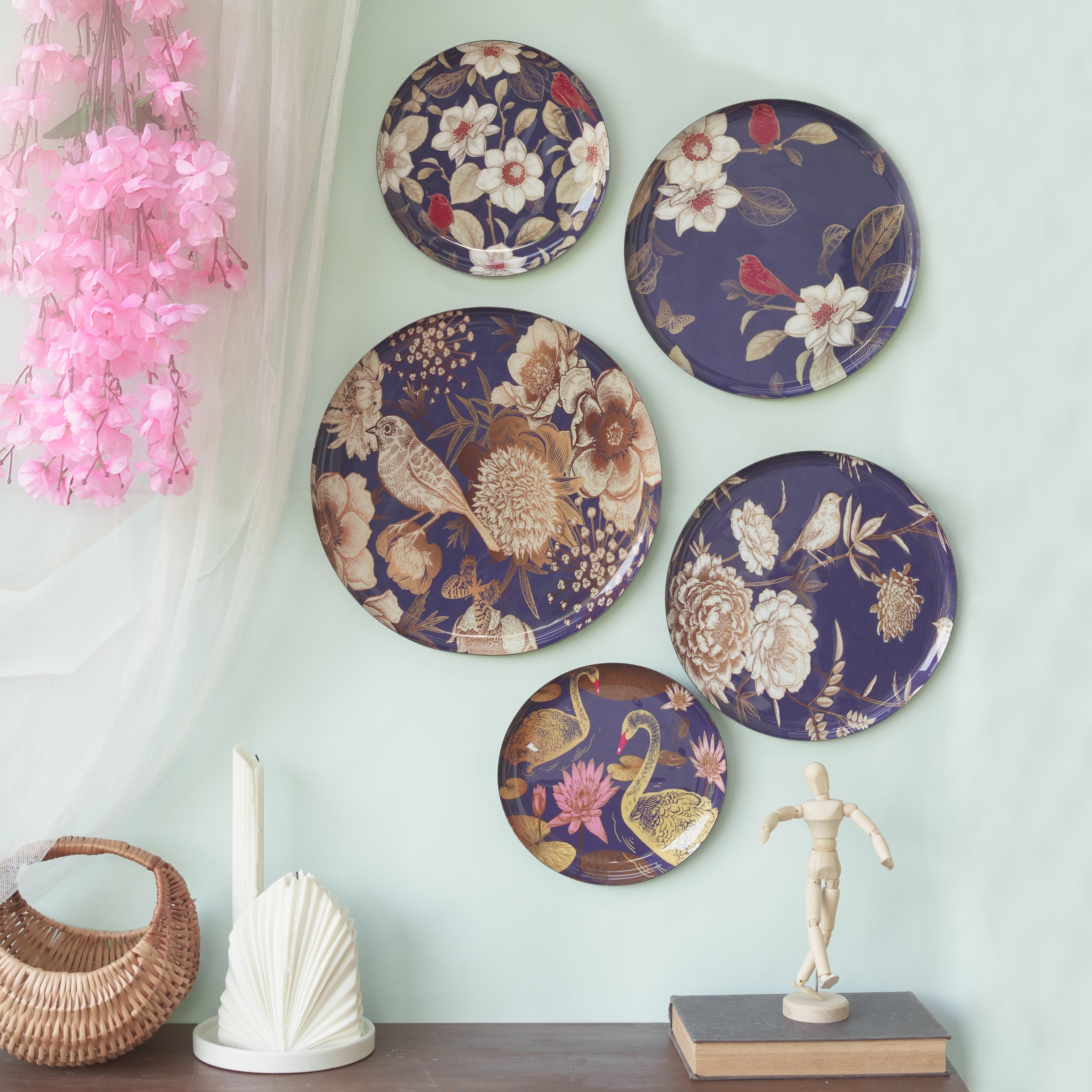 Oriental Blooms Wall Plates- Set of 5