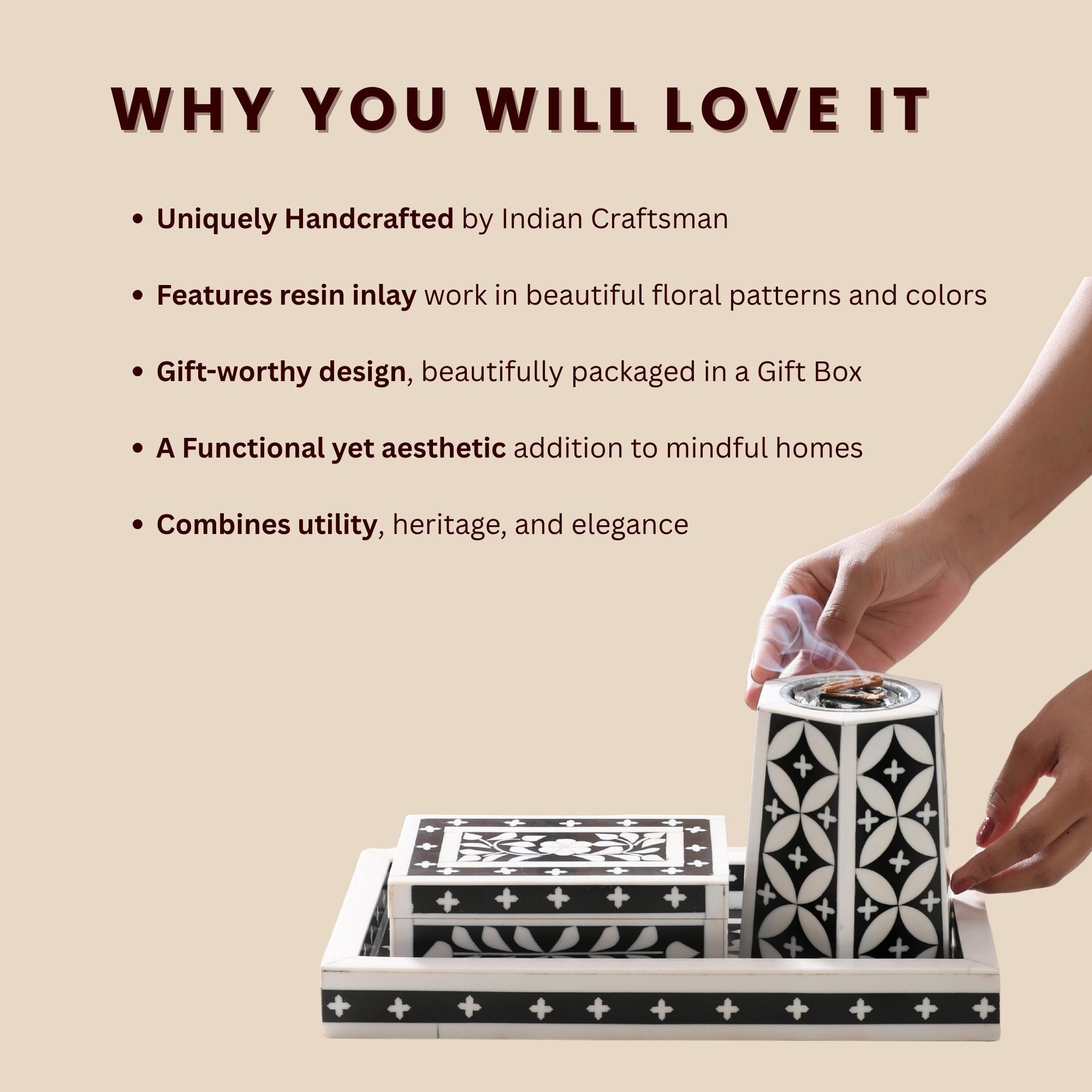 Artistic Bakhoor Set with Incense Holder, Storage and Multipurpose tray - Black