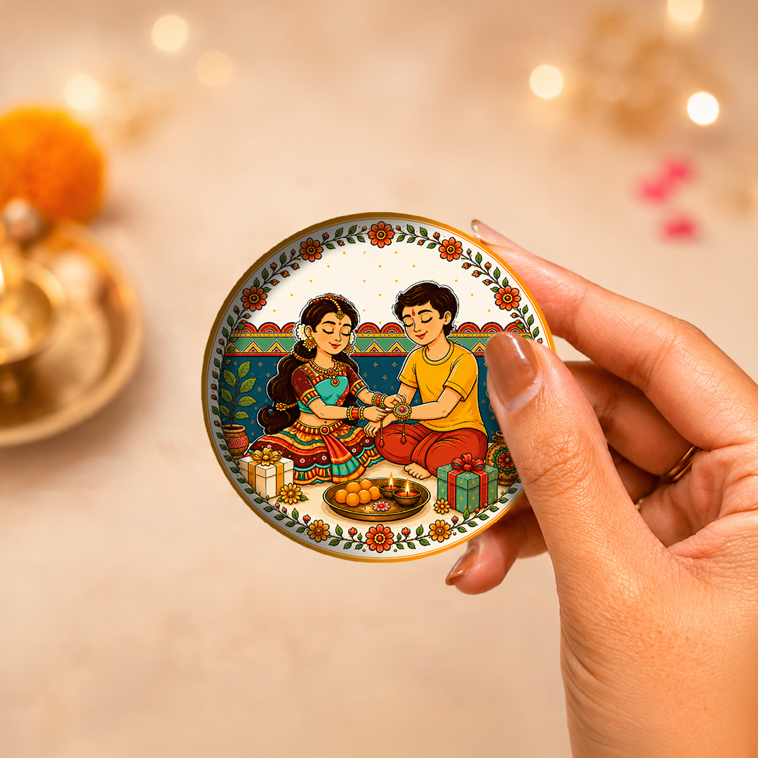 Brass Agni Rakhi with Set of 2 Sibling Fridge Magnets & Gift Box